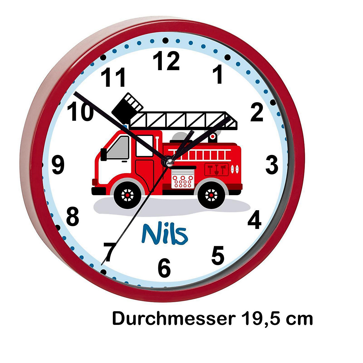 Kinder Wanduhr laufruhig personalisiert mit Name Feuerwehr Drehleiter