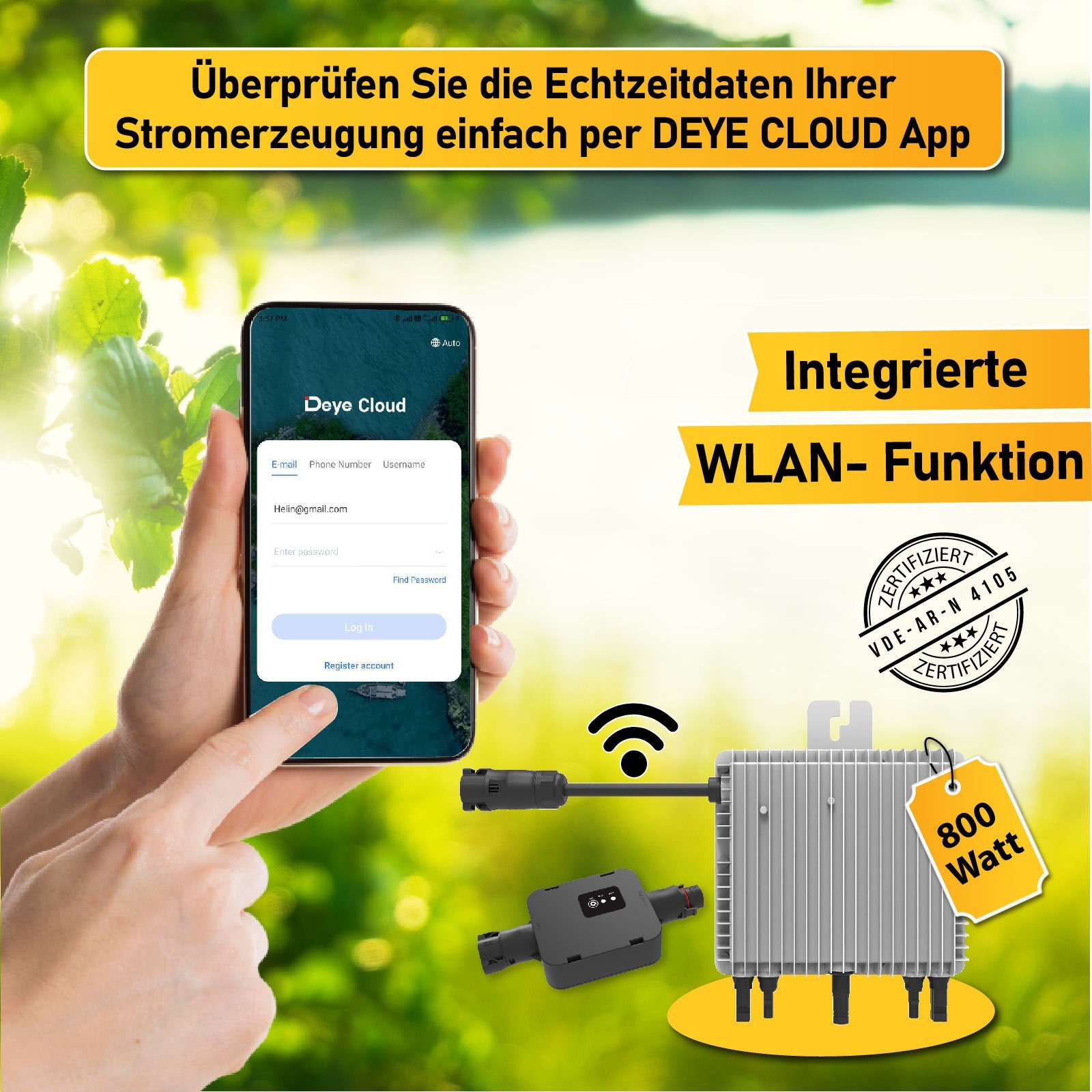 Campergold Solaranlage 800W Balkonkraftwerk Komplettset mit 400W Black Frame Solarmodule, Monokristallin, (Neu Generation 800W Deye WIFI Wechselrichter mit Relais), Balkon-Solaranlage steckerfertig für Ihr Haus, Plug & Play