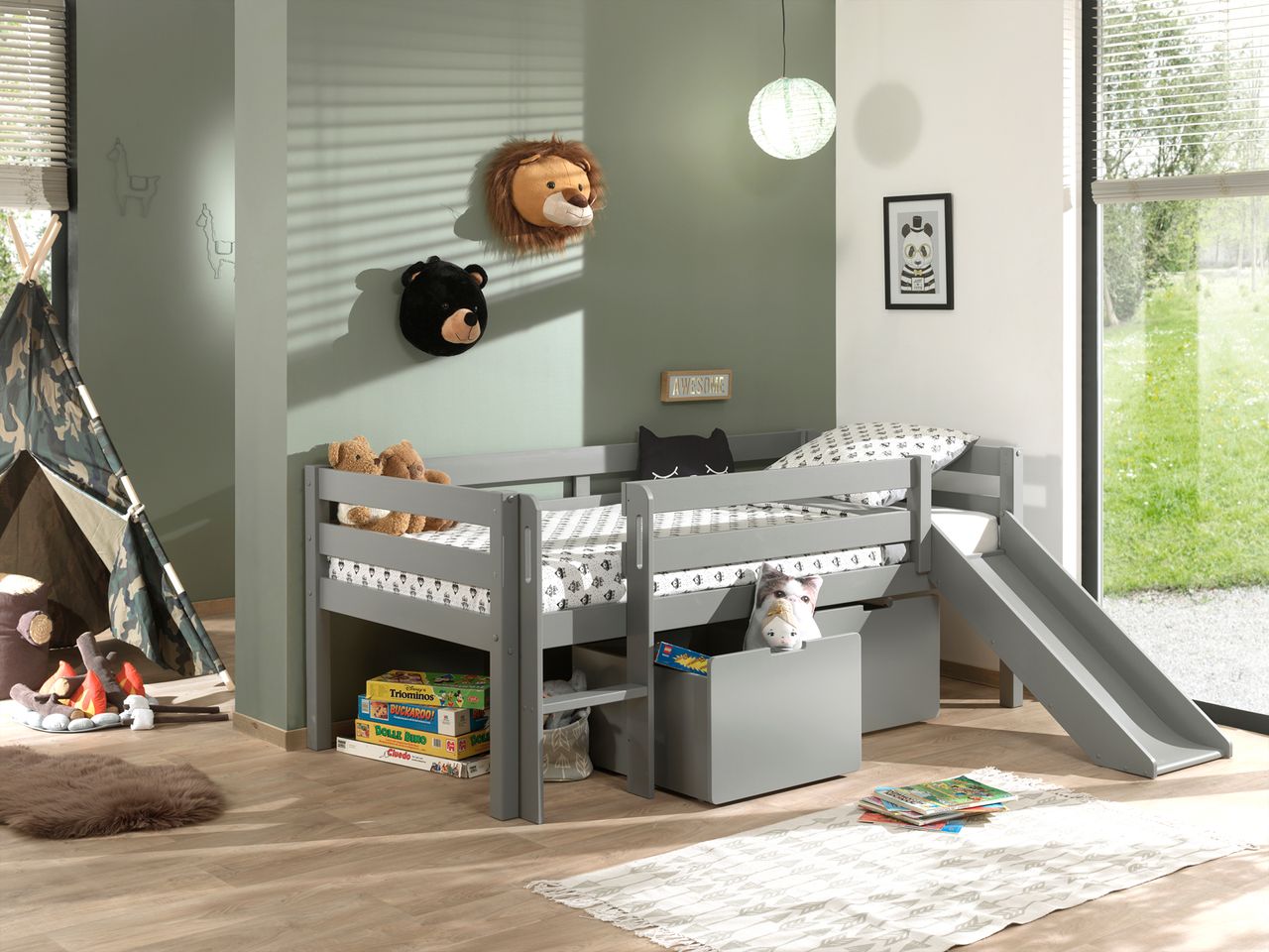 VIPACK Spielbett mit Liegefläche 90 x 200 cm, inkl. Leiter, Rutsche, Rolllattenrost und 2 Schubkästen, Kiefer und MDF grau lackiert