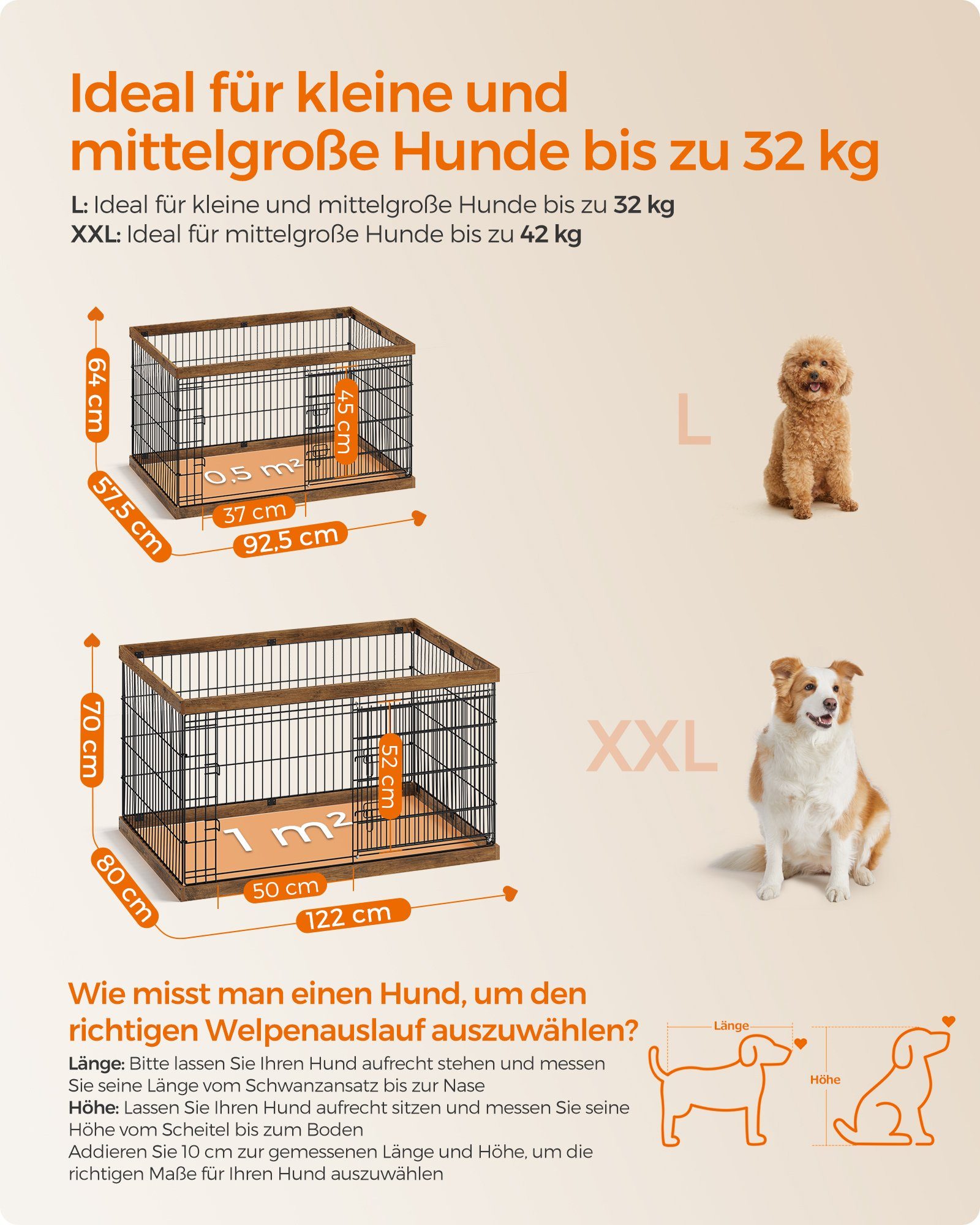FEANDREA Hundekäfig, L-XXL, Stahl-Gitter, Schiebetür mit 2 Riegeln