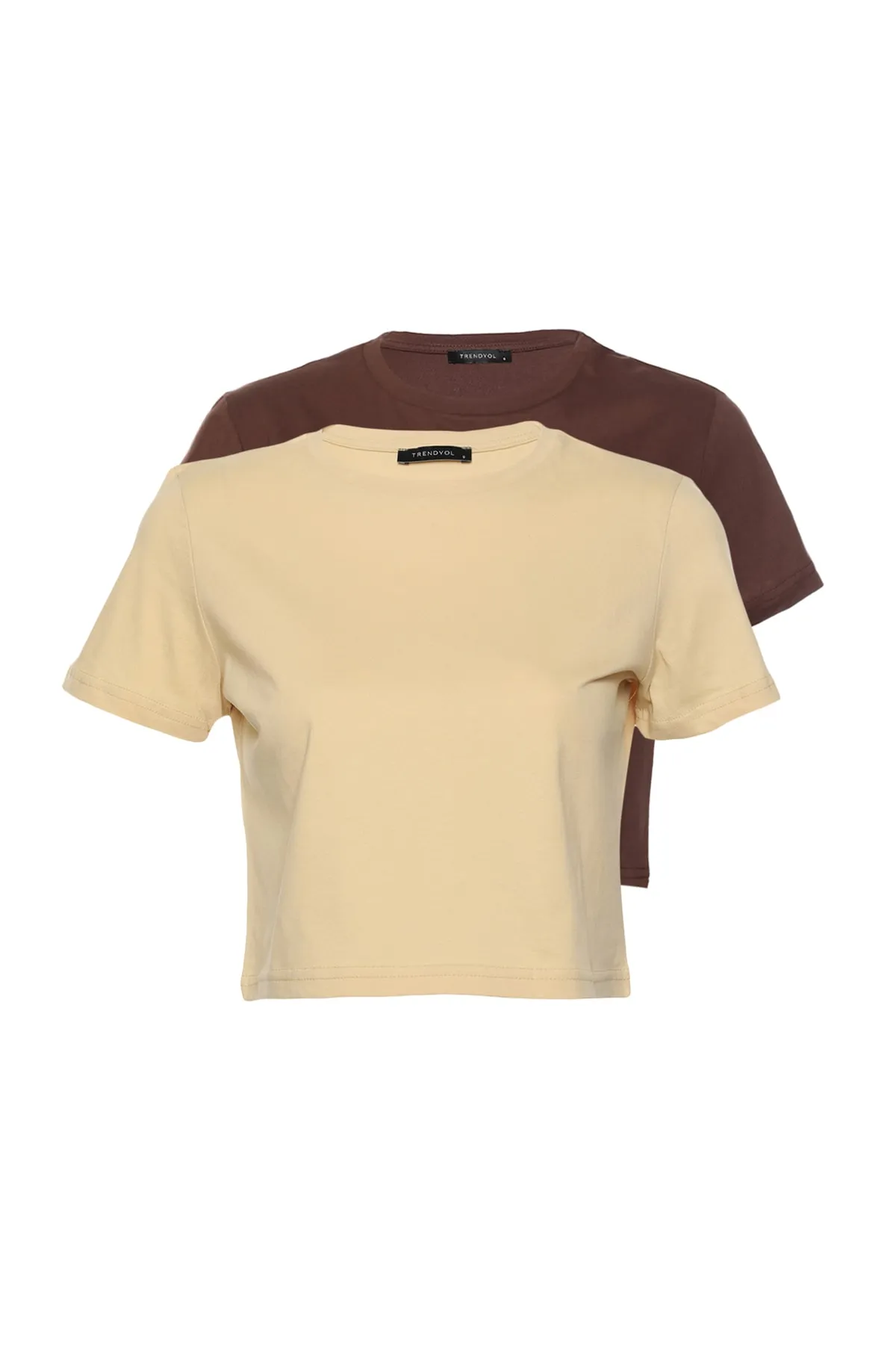 Trendyol Collection  Beigebraunes, kurz geschnittenes Strick-T-Shirt mit Rundhalsausschnitt im 2er-Pack aus 100 % Baumwolle TWOSS20TS1480