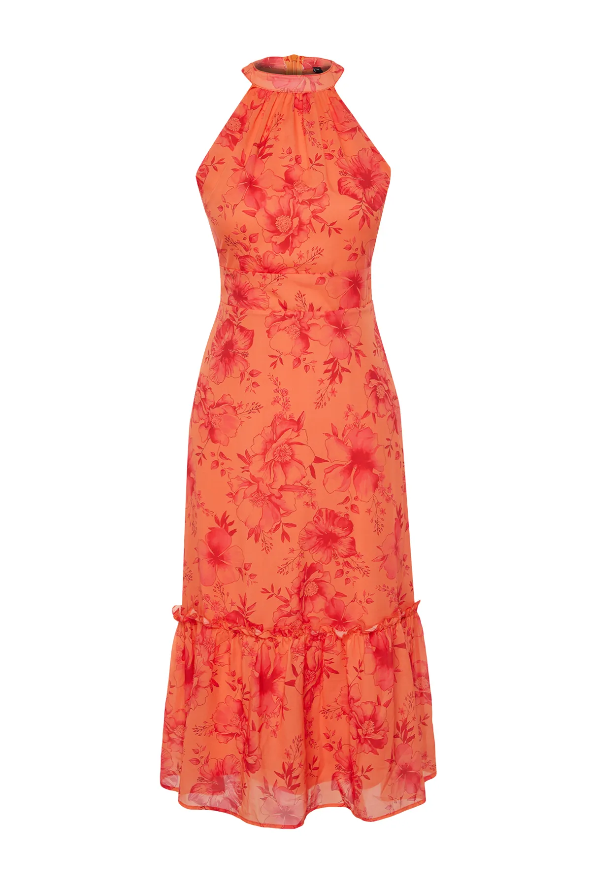 Trendyol Collection  Orangefarbenes, gewebtes Kleid mit A-Ausschnitt und Neckholder-Midi-Chiffon-Futter und Blumendruck TWOSS19LJ0200