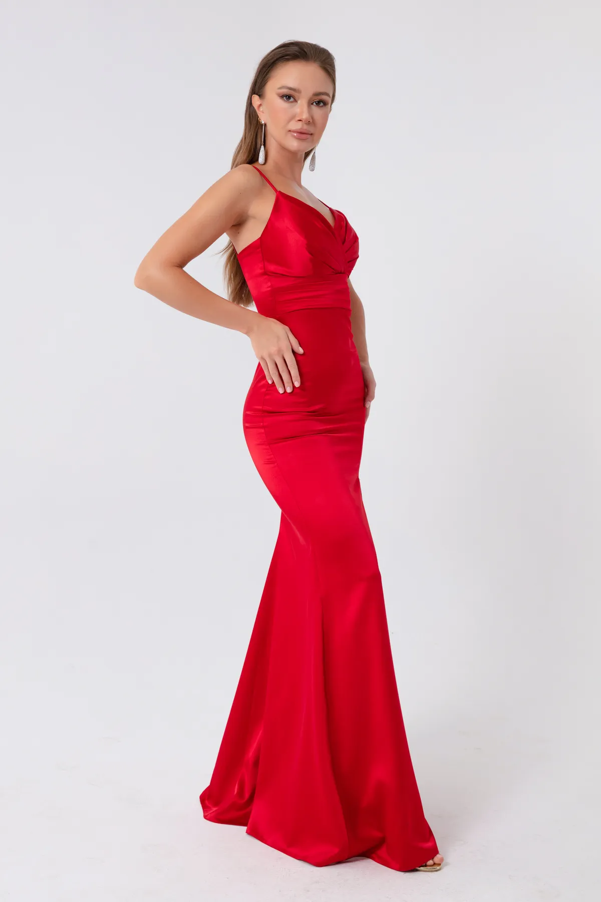 Lafaba  Rotes, langes Satin-Abendkleid und Abschlusskleid mit Schlitz für Damen