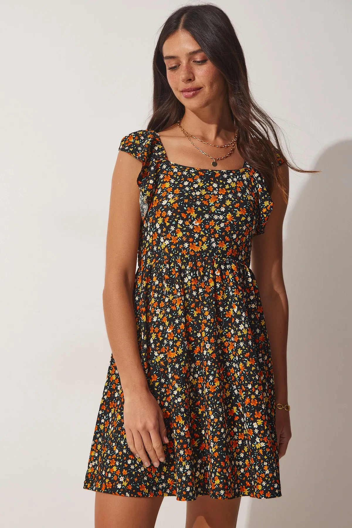 Happiness İstanbul  Damen-Sommerkleid aus Viskose mit Blumenmuster in Schwarz-Orange FF00131