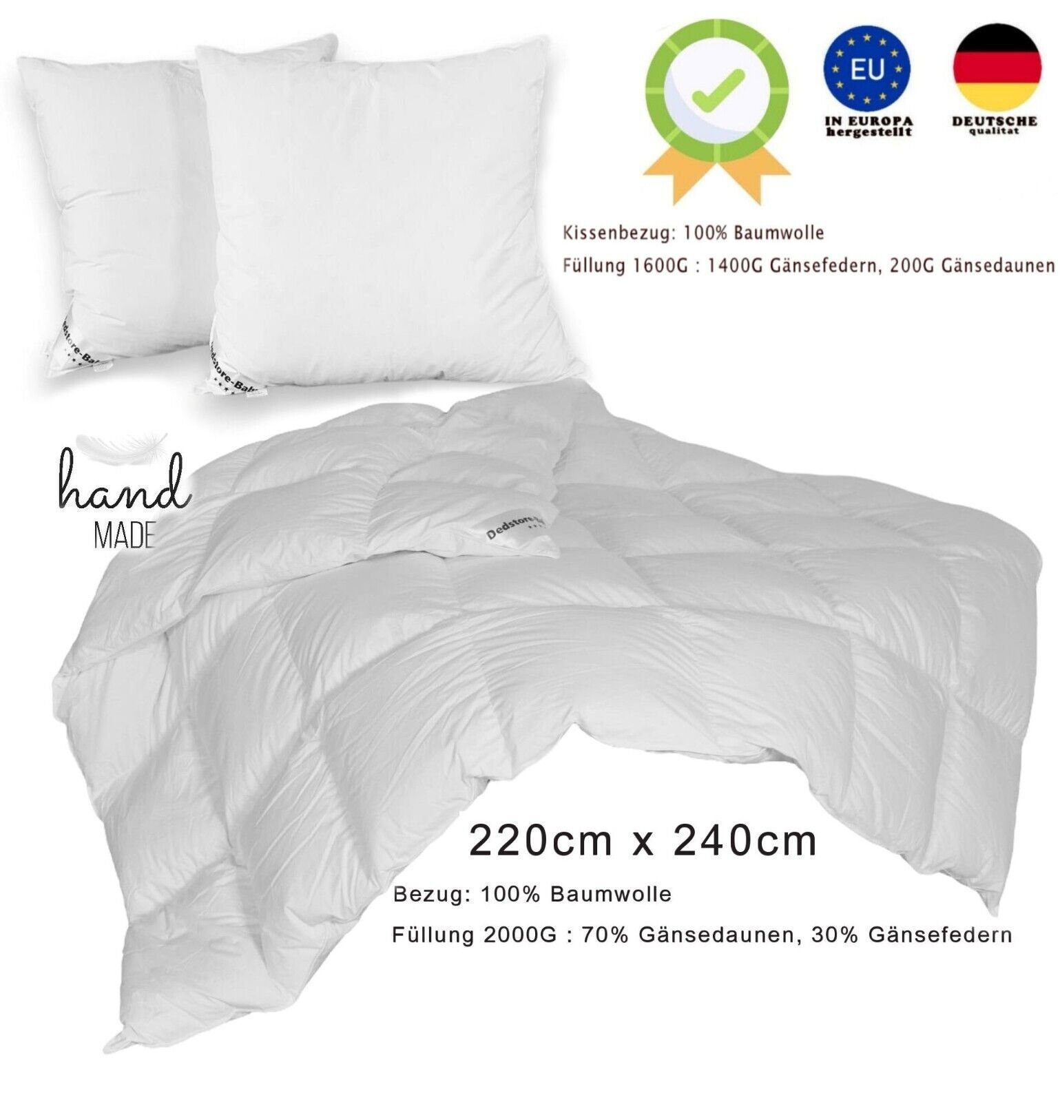 Daunenbettdecke + 3-Kammer-Kopfkissen, Betten Set Daunenbett Decke Bettdecke 220x240 Kissen 2x Drei Kammer, Dedstore-Baby, Füllung: Daunen-Federmischung, Bettwaren Set