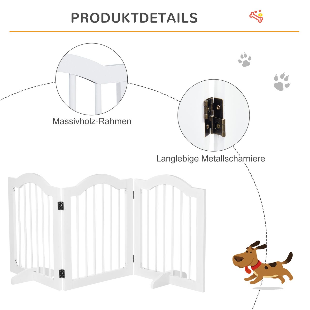 PawHut Hunde Absperrgitter Schutzgitter Hundegitter Konfigurationsgitter 3-teilig mit zwei Stützfüßen stabil faltbar Treppengitter Hundeabsperrgitter Türschutzgitter MDF Weiß 154,5x29,5x61 cm