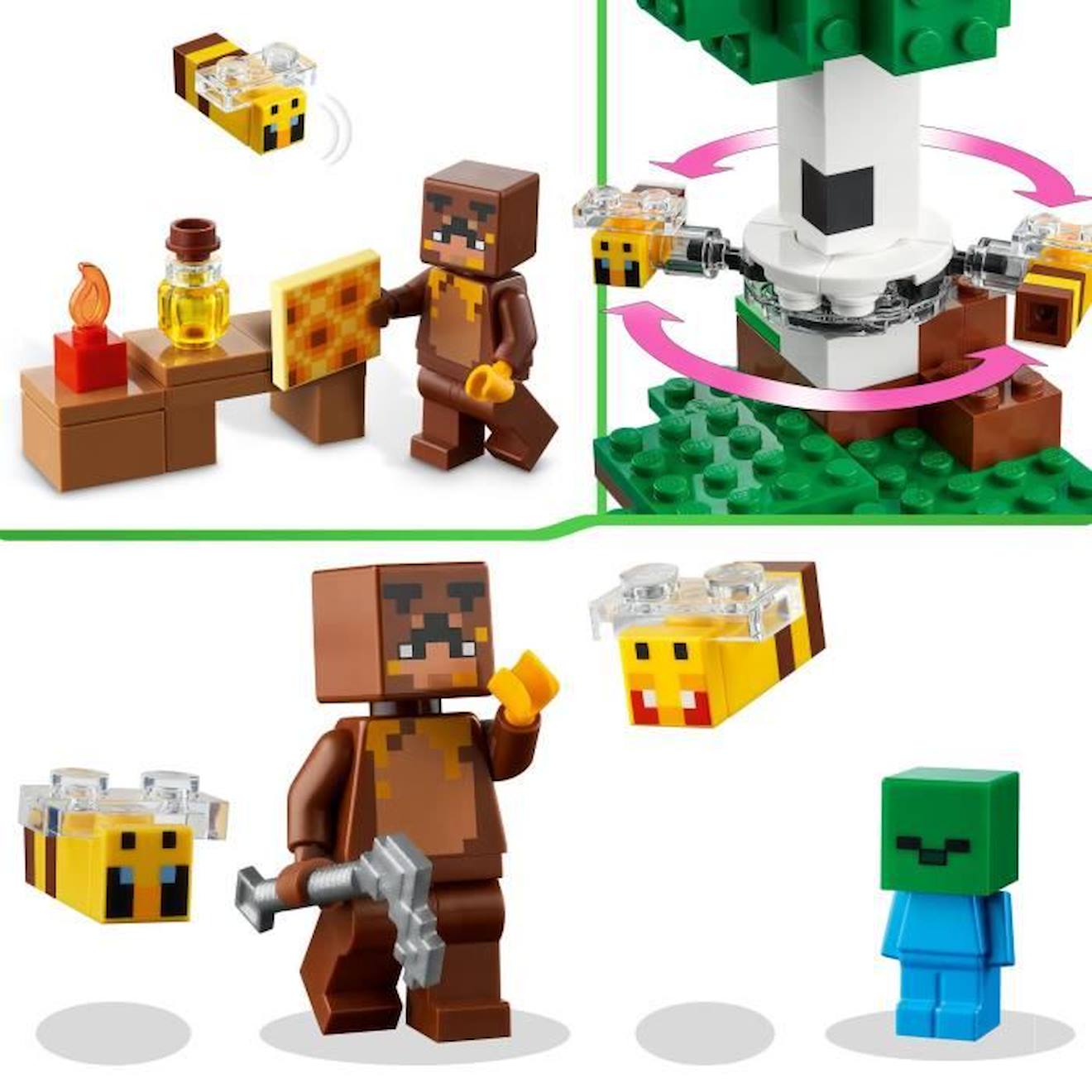 LEGO Minecraft 21241 La Cabane Abeille, Jouet, Ferme avec Maison, Zombie et Figurines Animaux blanc