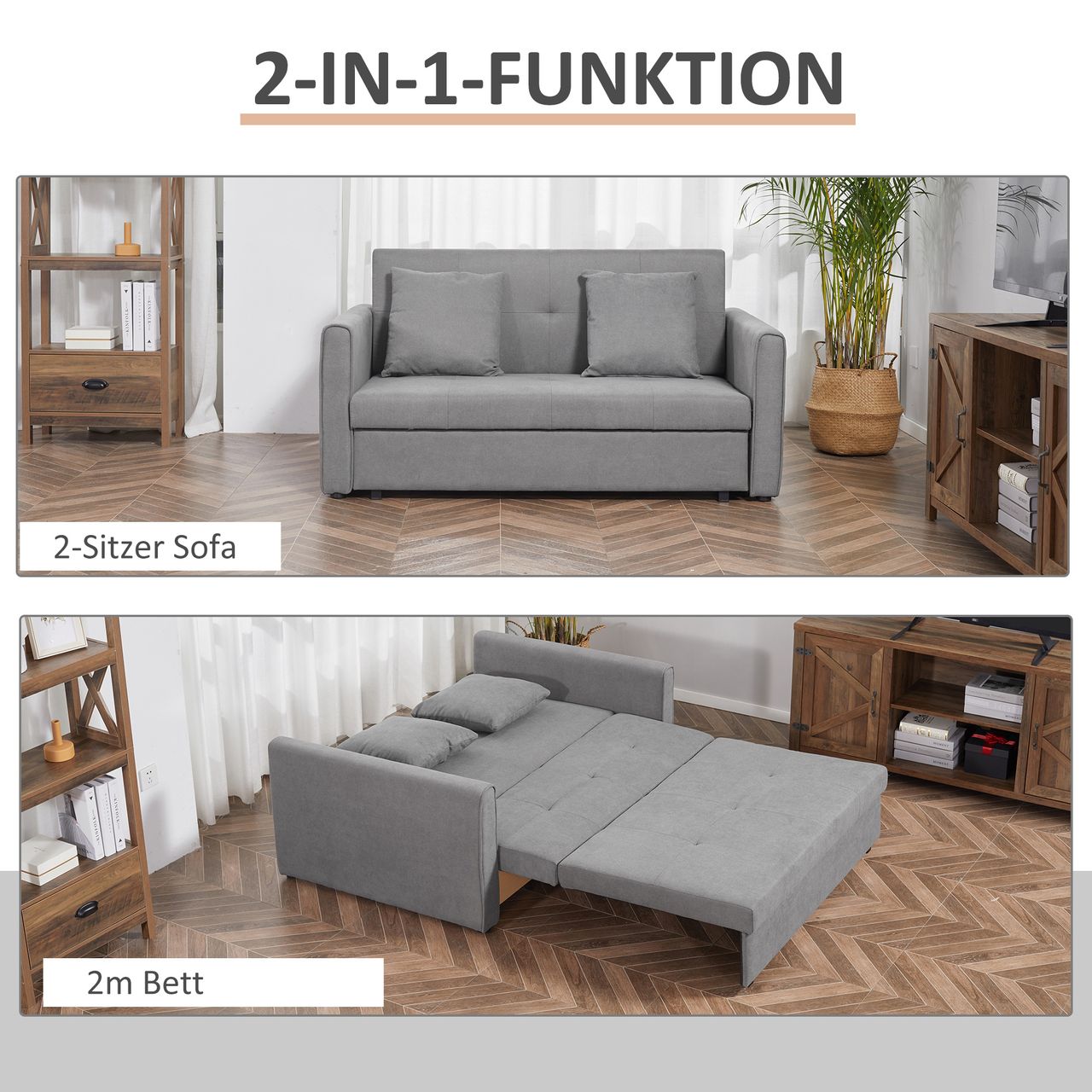 HOMCOM Schlafsofa 2-Sitzer Sofa, Polstersofa mit Stauraum, Rückenkissen, Grau