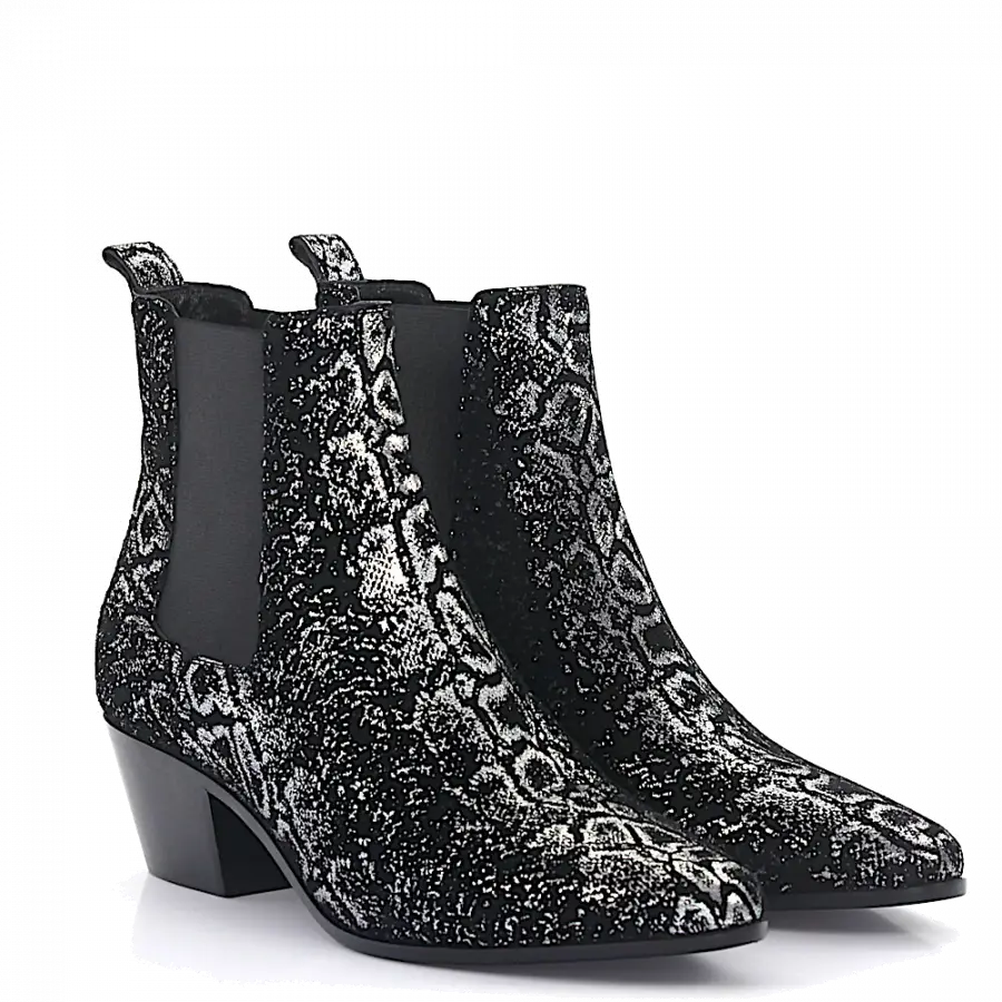 Saint Laurent - Stiefeletten Kalbsleder Veloursleder Glitzer schwarz silber - grau
