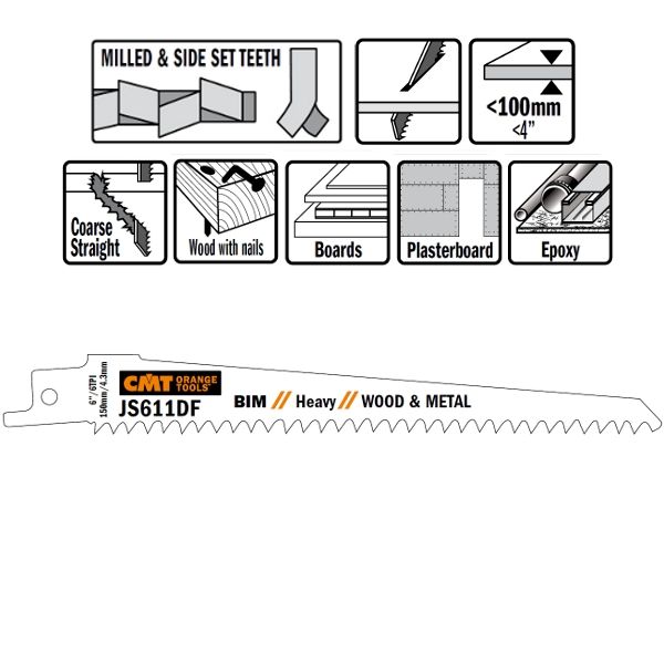 Lames de scie alternative CMT JS611DF-5 JS611DF 5 pièces Bimétal 150 mm x 1, 25 x 6 TPI Application : bois avec clous, métal, panneaux de particules, profilés en plastique, plastique renforcé de fibres de verre, époxy, plaques de plâtre.