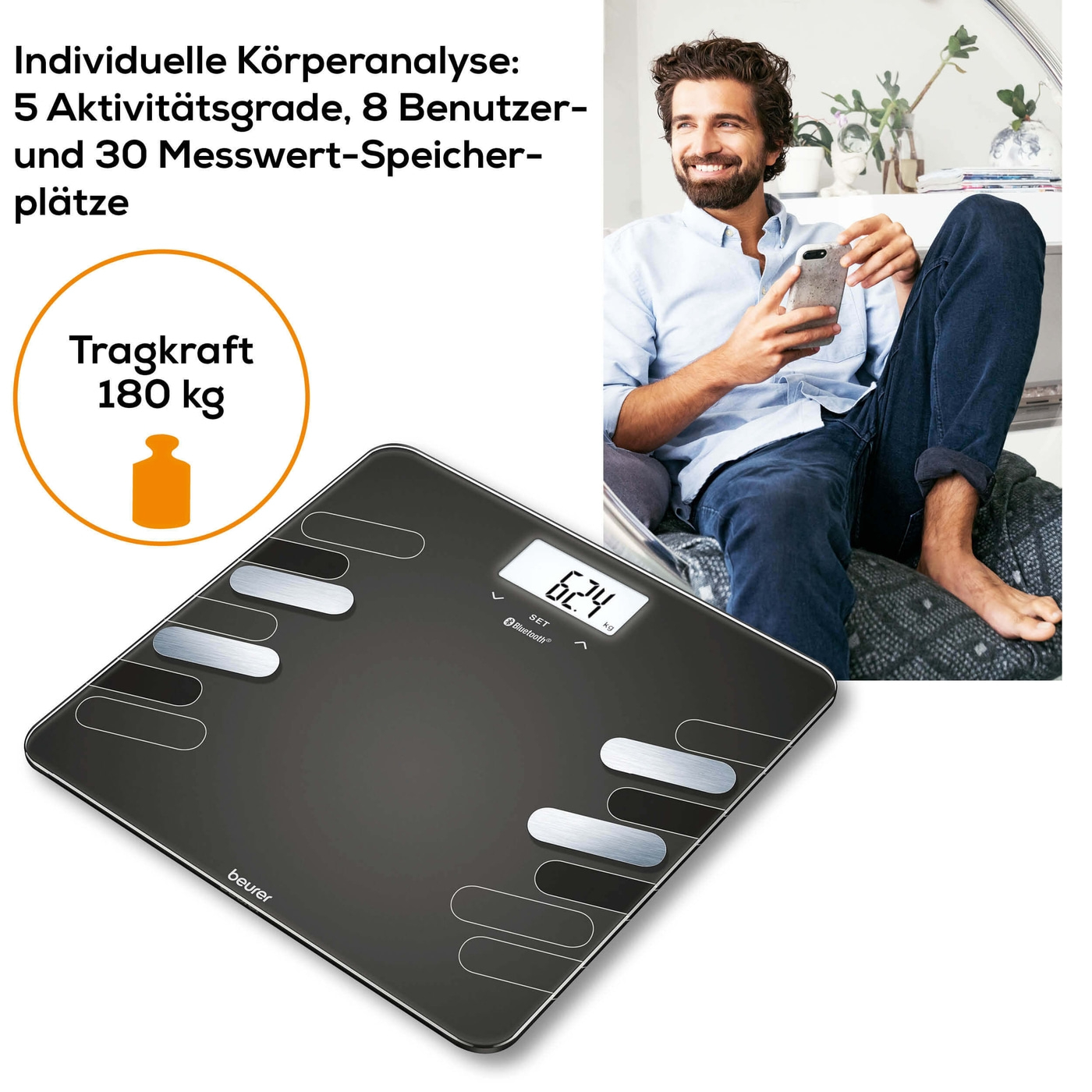 Beurer Diagnosewaage BF 600 Style-Analysewaage mit BMI Ganzkörperanalyse & App-Anbindung - bis 180 kg