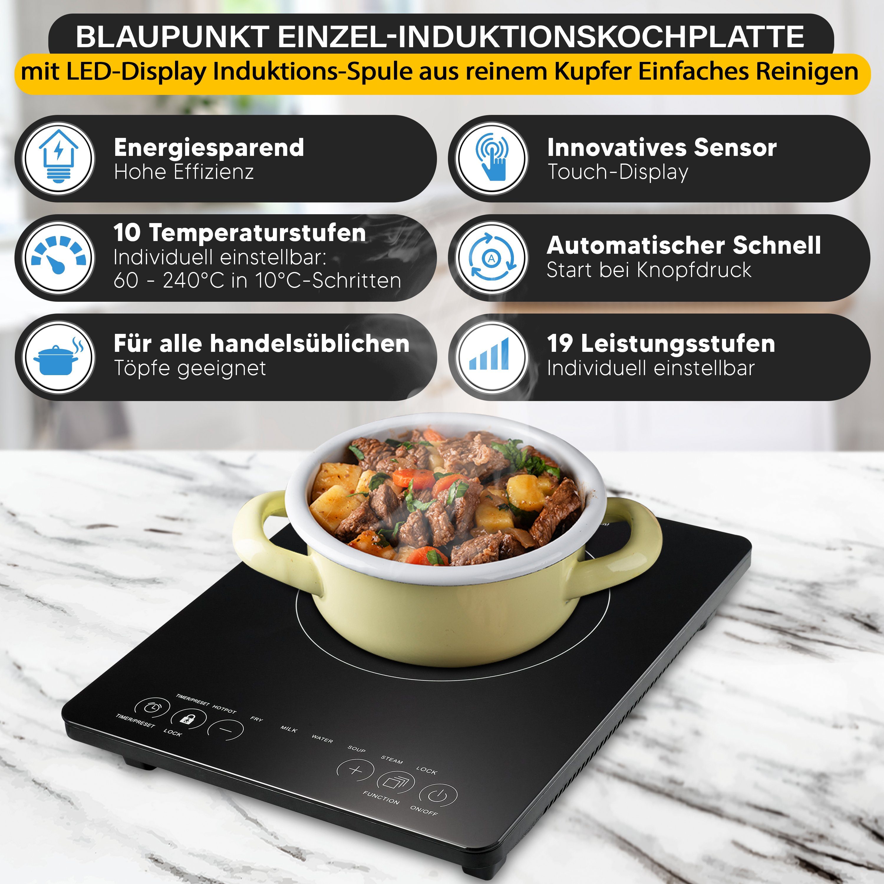 Blaupunkt Einzel-Induktionskochplatte Einzelkochplatte Induktion 2000W Camping Induktionskochplatte Einzel, Induktionskochfeld, Campingkocher, Induktionsherd Kochplatte mit Timer