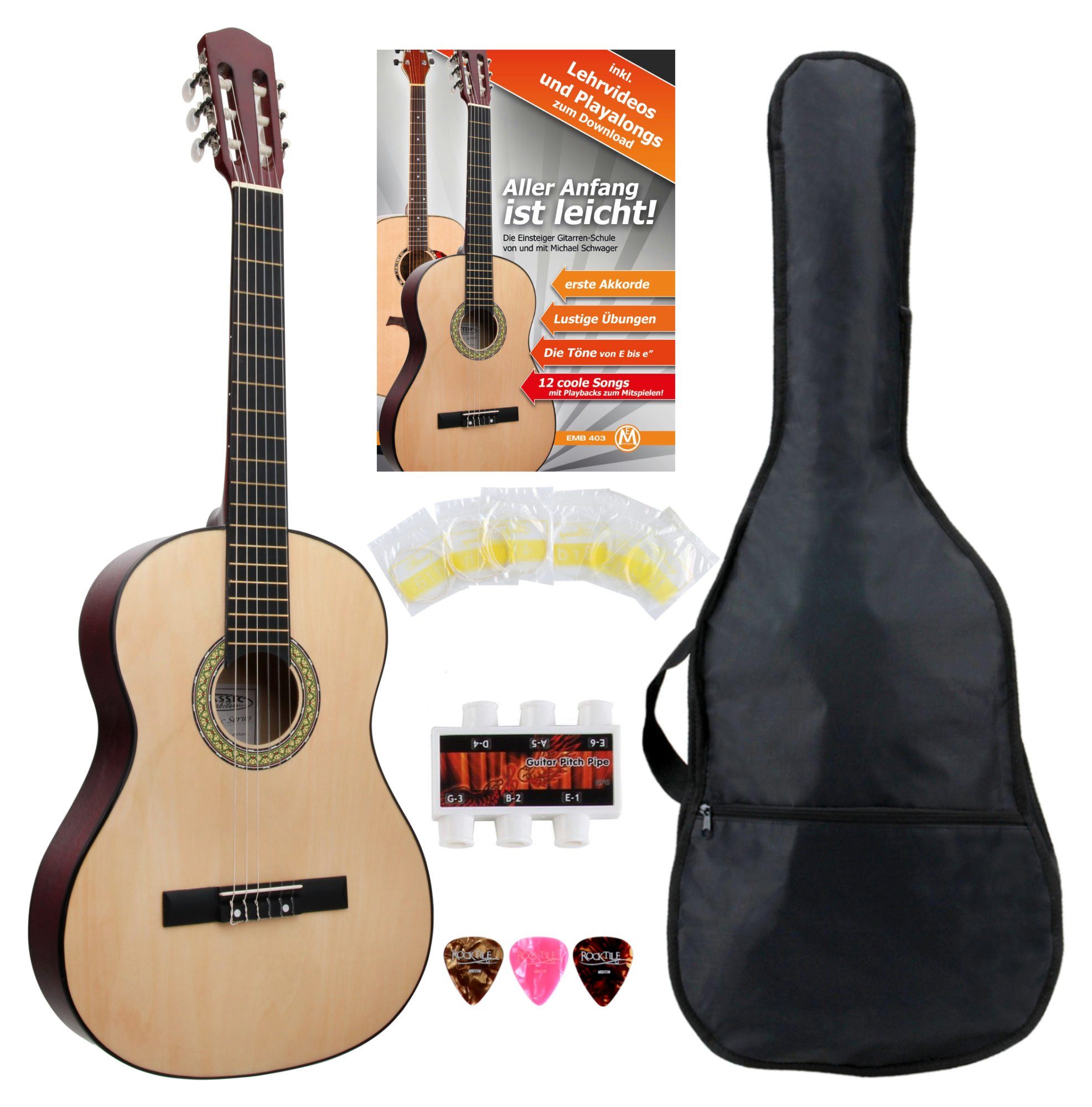 Classic Cantabile Konzertgitarre AS-851 Starter Set, 4/4, mit Gitarre, Tasche, Nylonsaiten, Schule, 3x Plektren und Stimmpfeife