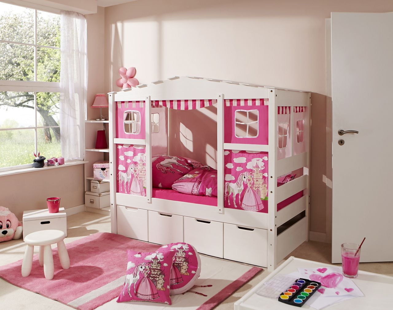 Ticaa Hausbett MINI Prinzessin Rosa 80x160 cm Var 1 - mit Zusatzbett - inkl. 2 Matratzen