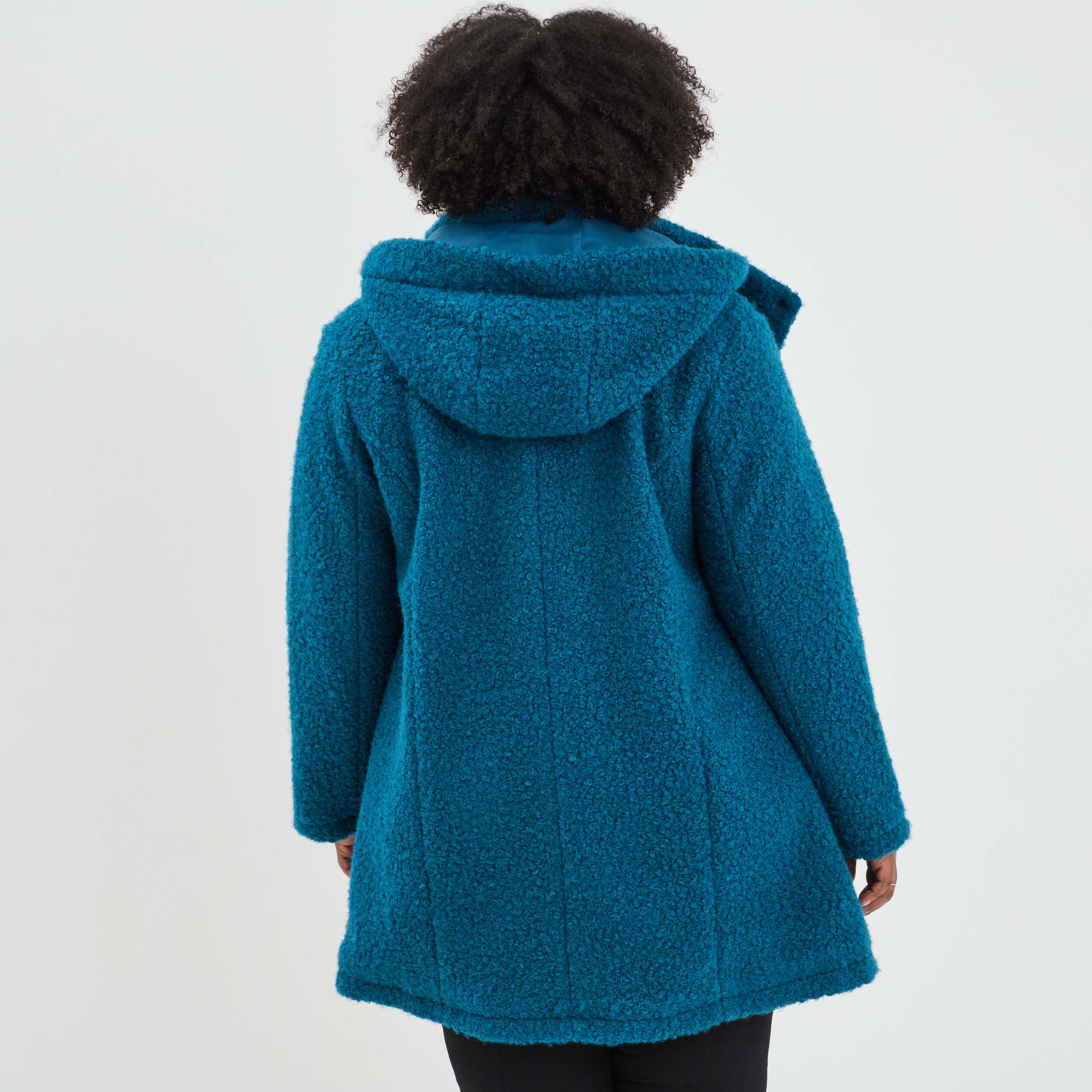 Manteau pilou bouclette à capuche bleu canard femme grande taille | La Halle
