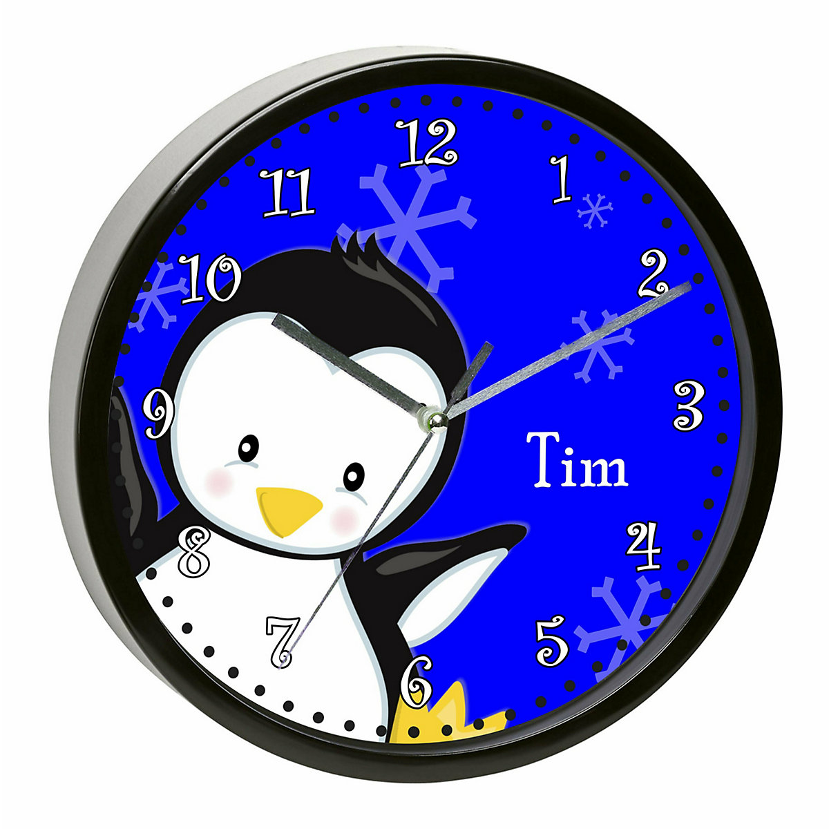 Kinder Wanduhr personalisiert mit Name Pinguin blau