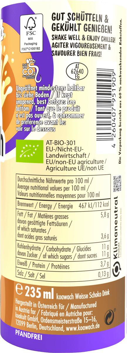 Trinkfertiger Schokodrink, Weisse Schoko mit natürlichem Koffein aus Guarana, 235 ml