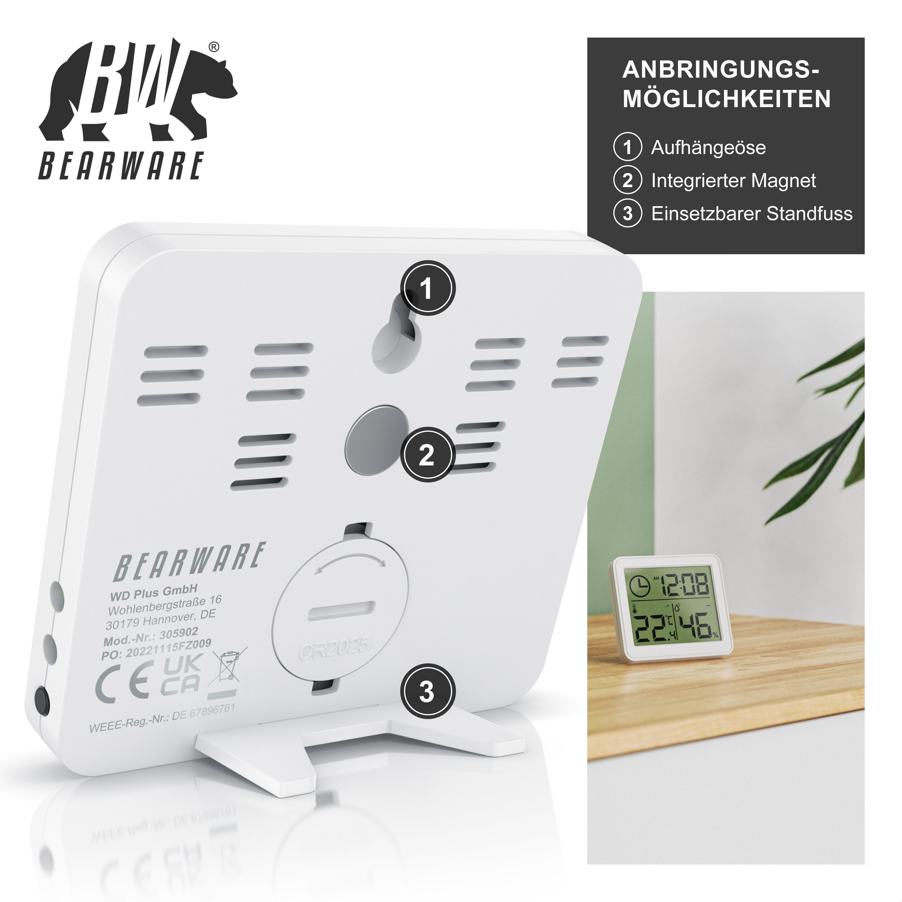 BEARWARE Innenwetterstation (Haltemagneten, Thermometer Hygrometer zeigt Temperatur, Luftfeuchtigkeit & Uhrzeit an)