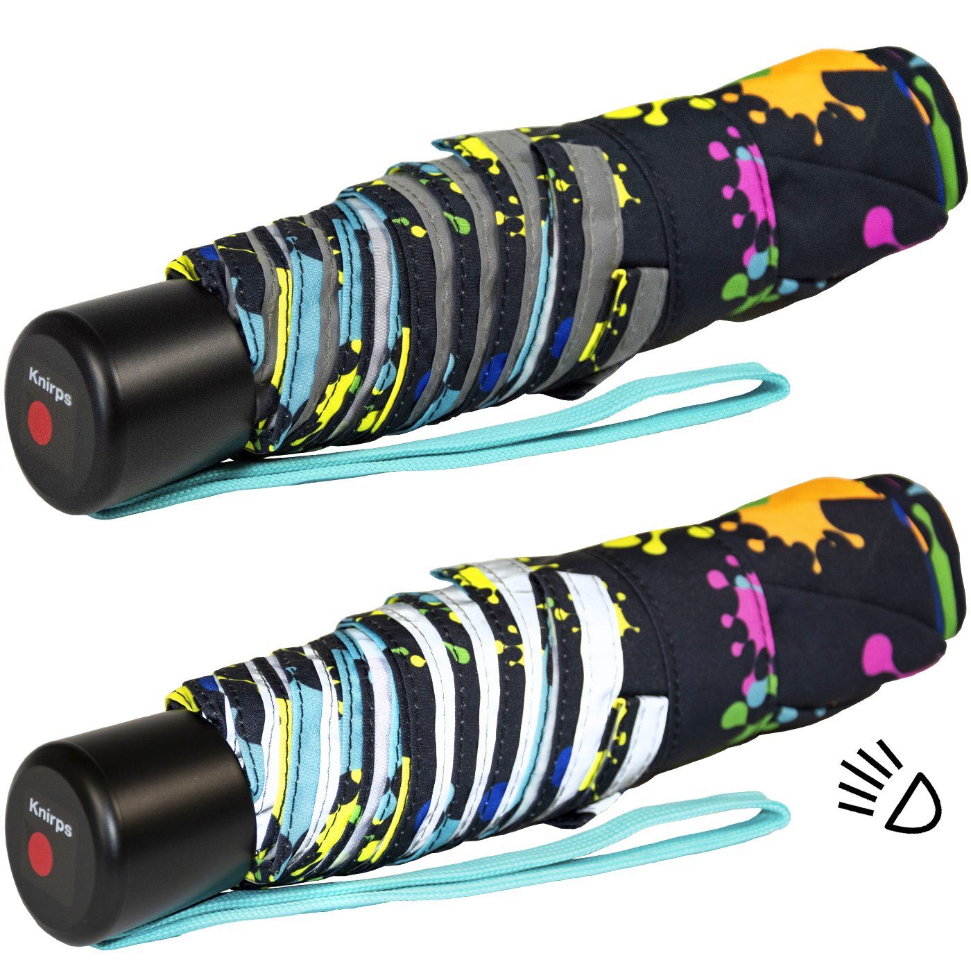 Knirps® Taschenregenschirm Kinderschirm 4Kids reflective mit Reflexborte, Sicherheit auf dem Schulweg, bunte Paintdrops