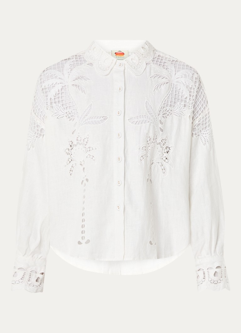 Farm Rio Palms Richelieu linen blouse with embroidery and openwork detail