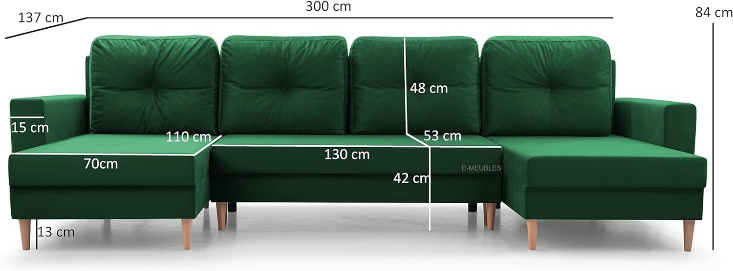 MOEBLO Wohnlandschaft Carl U, Ecksofa U-Form mit Schlaffunktion Eckcouch mit Bettkasten Sofa Couch Polsterecke U-Sofa - 300x137x84 cm, mit Bettkasten und Schlaffunktion