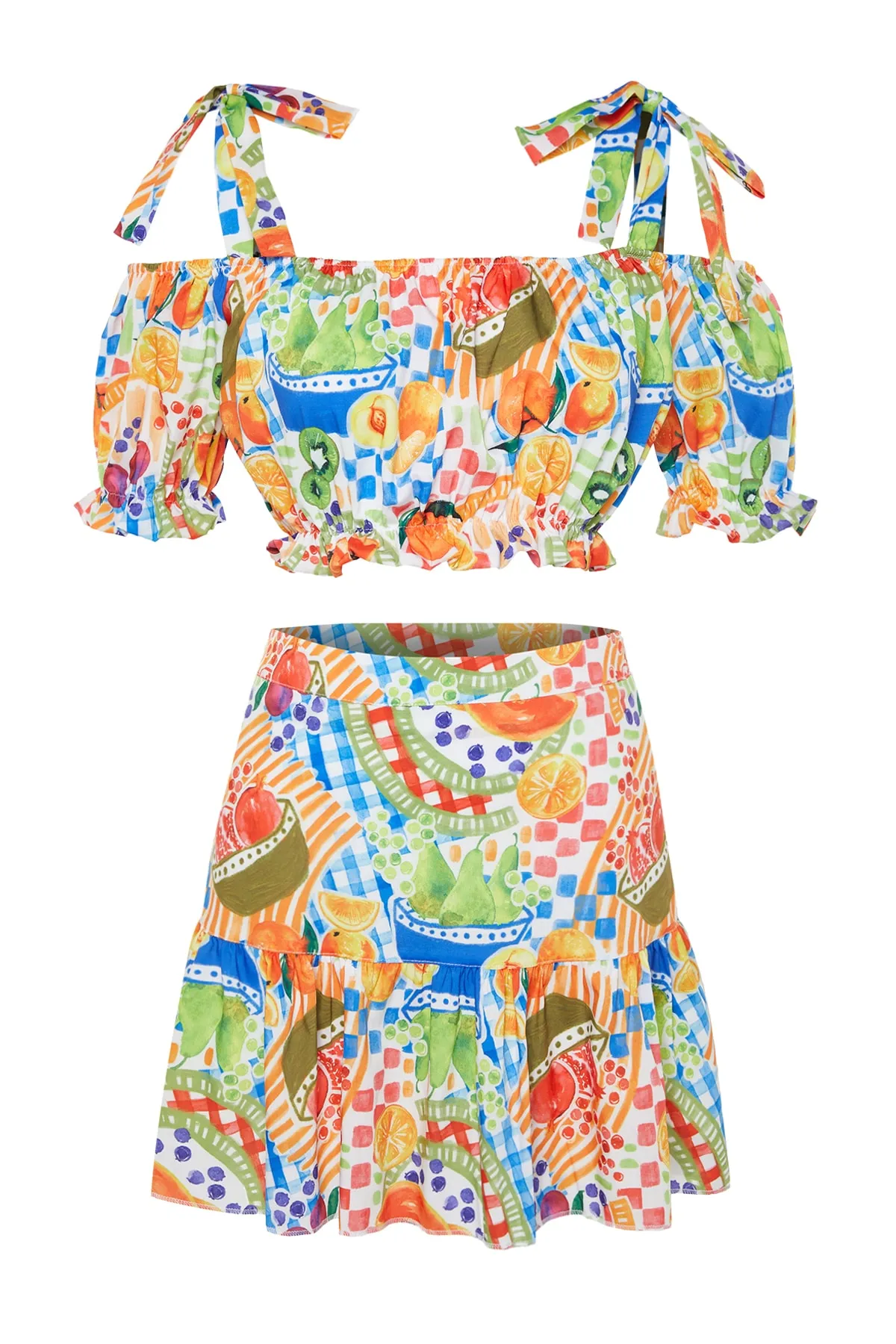Trendyol Collection  Gewebtes Rüschenblusen-Rock-Set mit Fruchtmuster TBESS23AU00165