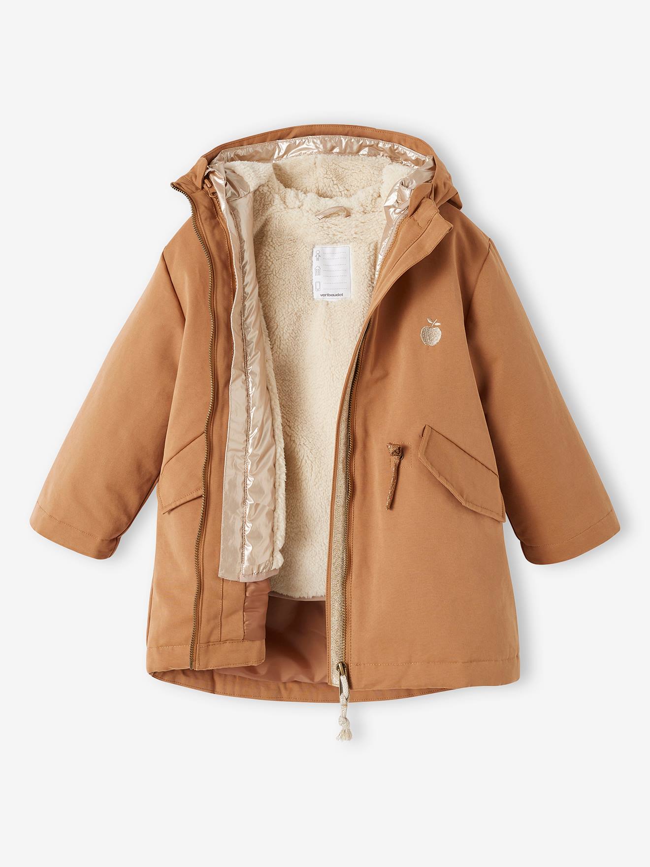 Parka à capuche 3 en 1 fille avec doudoune brillante doublée sherpa camel