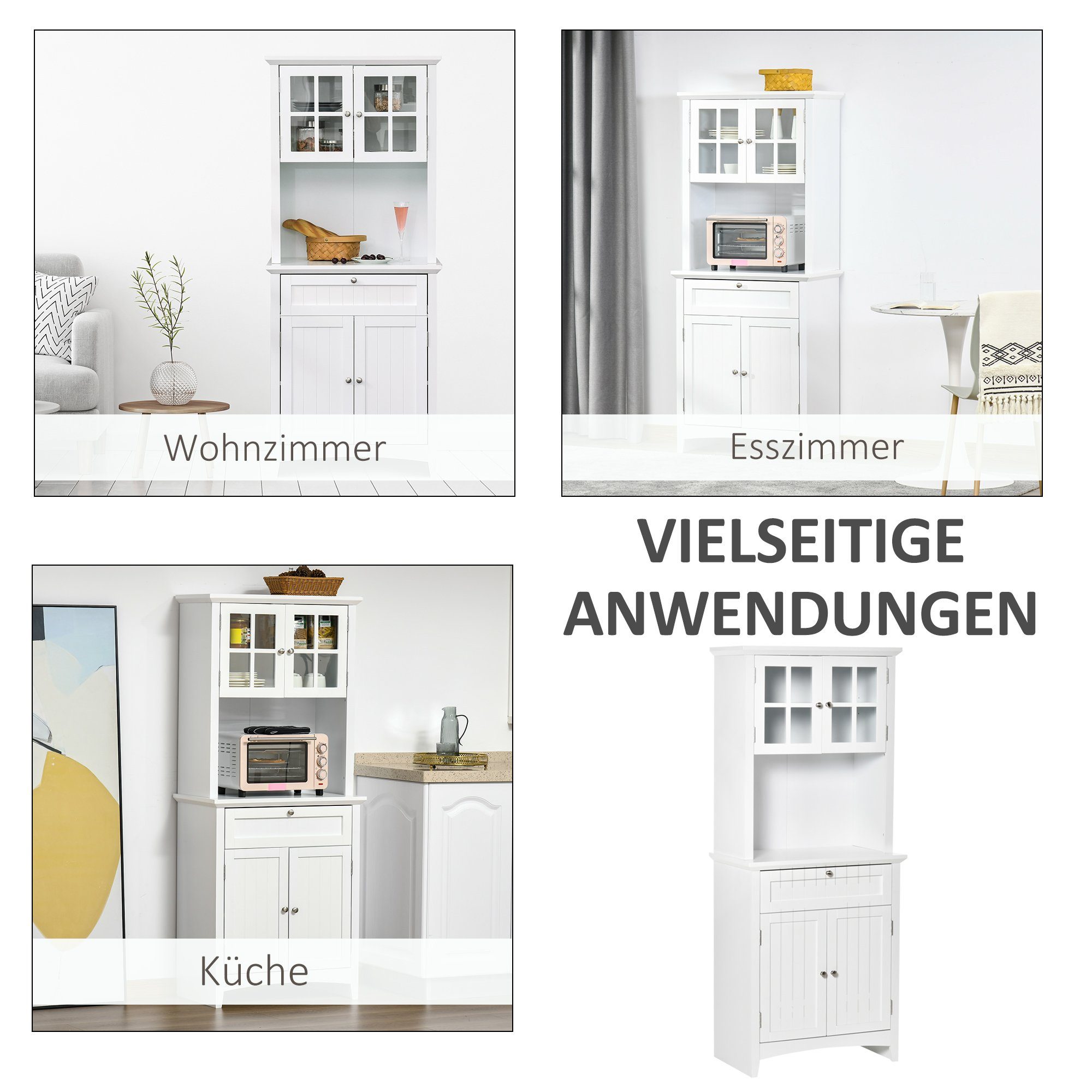 HOMCOM Küchenbuffet Kitchen Cabinet (Set, 1-St., 1 Küchenschrank) Sideboard Vitrinenschrank mit Schublade MDF, 68,6B x 40T x 164H cm