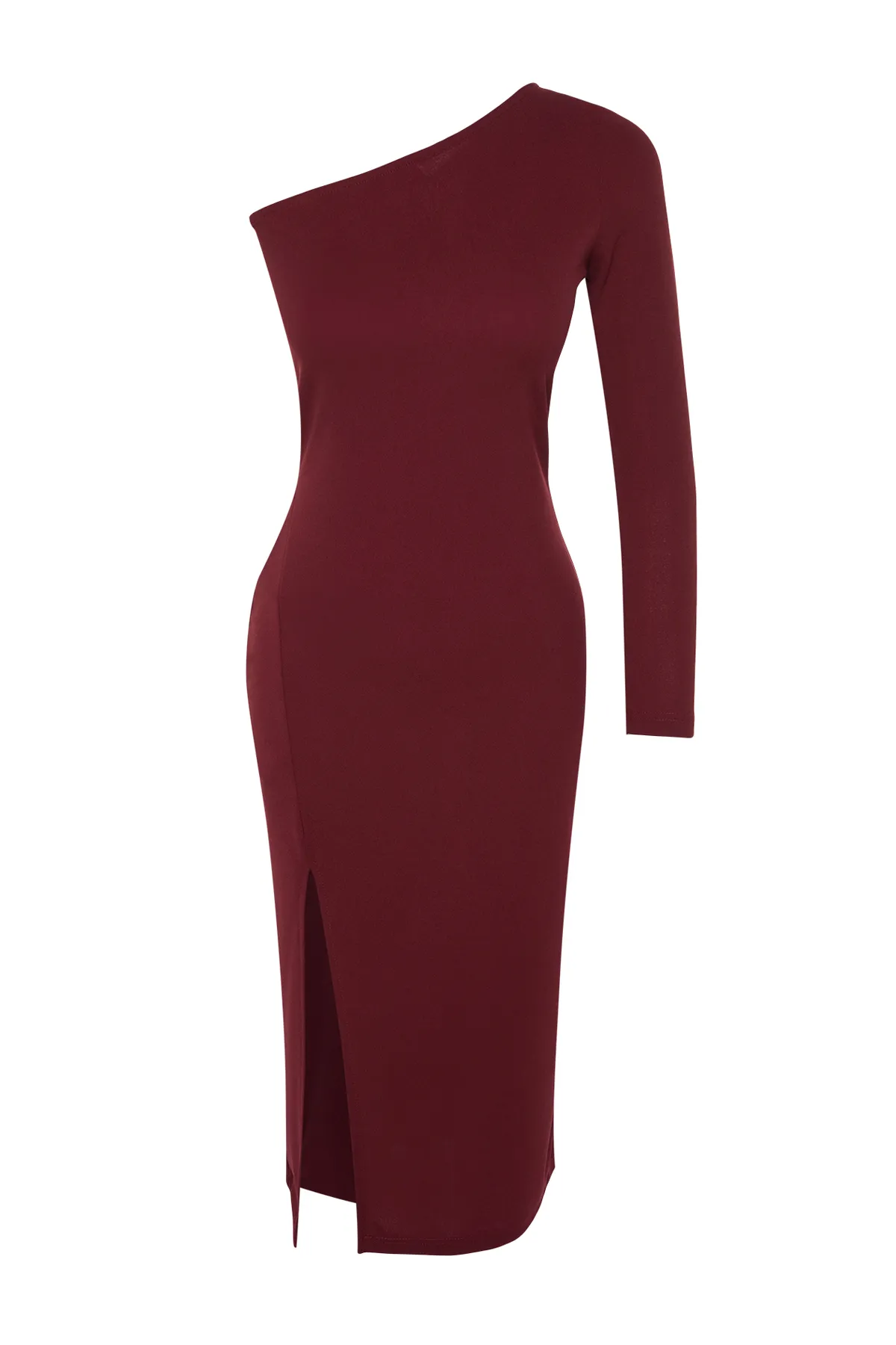 Trendyol Collection  Weinrotes Midi-Strickkleid mit asymmetrischem Ausschnitt und detailliertem Schlitz TWOAW24EL00623