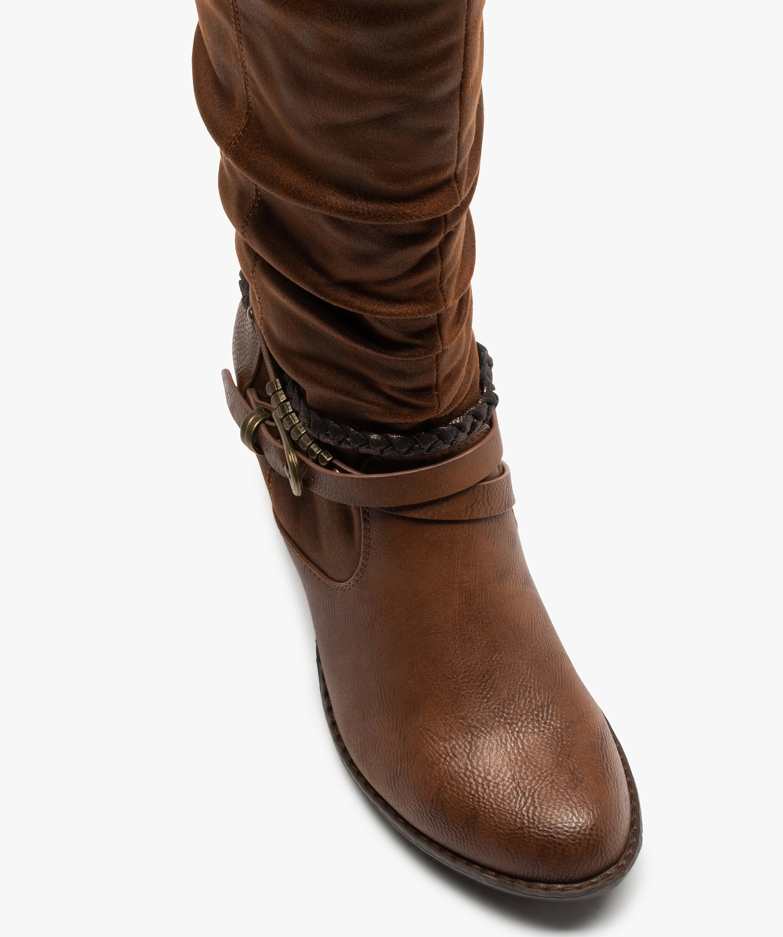 Bottes femme à talon rainuré et brides fantaisie camel | GEMO