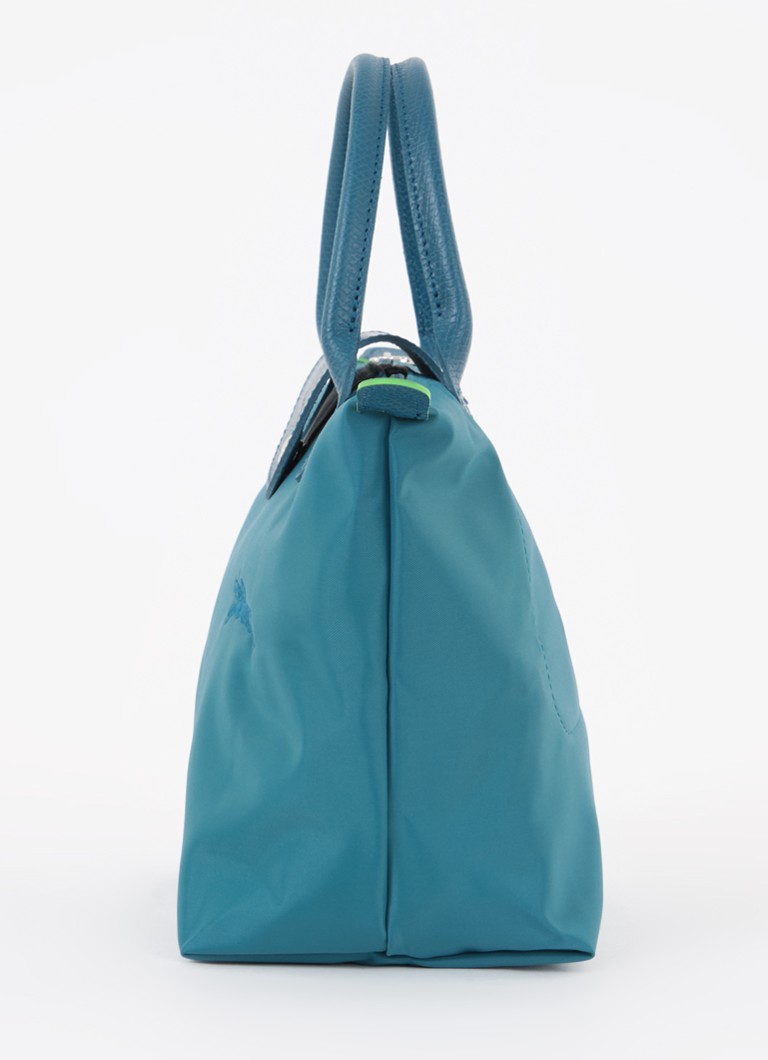Geantă verde Longchamp Le Pliage, mărimea S, cu detalii din piele.