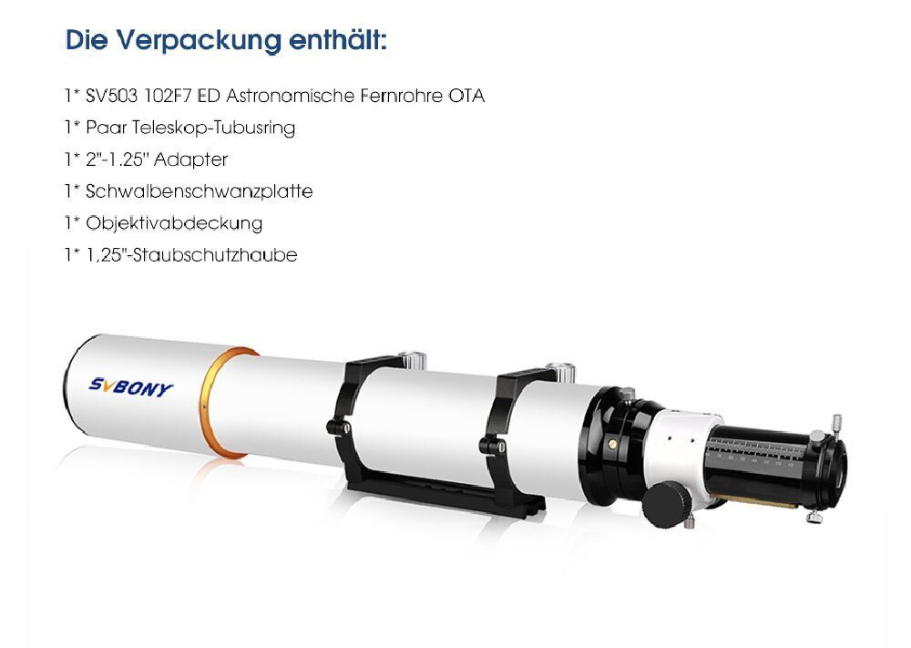 SVBONY Teleskop SV503 ED Teleskop OTA 102F7 Achromatischer Refraktor, Extra Low Dispersion, für Astrofotografie und Visualisierung