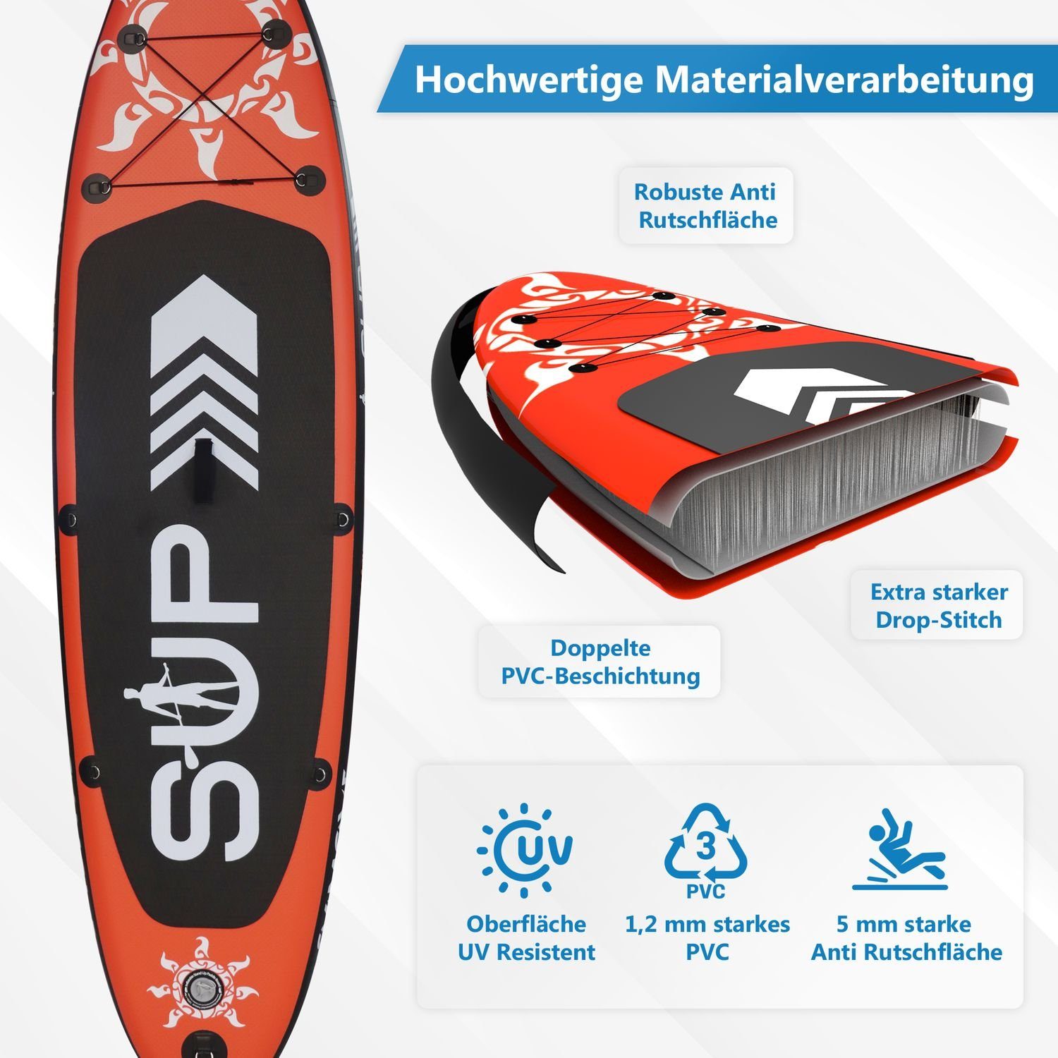 24Move SUP-Board Supboard Set, Premium Stand Up Paddleboard aufblasbar, inkl. Zubehör, Longboard, (Board, Rucksack,Aluminium Paddle,Action Cam Halterung,Sicherungsleine, 6 tlg., für Kinder & Erwachsene, ROT, 366x80, bis 200 kg), mit Drop Stich Techno