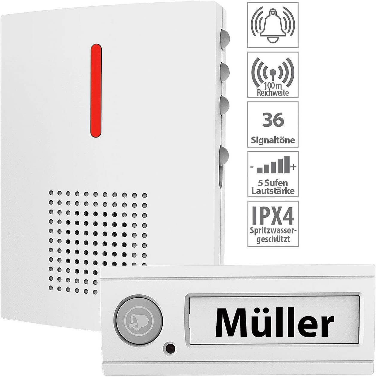 CASAcontrol Funk-Türgong FTK-120 Funkgong Funk-Türklingel mit Licht- & Ton-Signal, 434, weiß 3 Signal-Modi: nur Ton oder Licht sowie Licht und Ton gleichzeitig