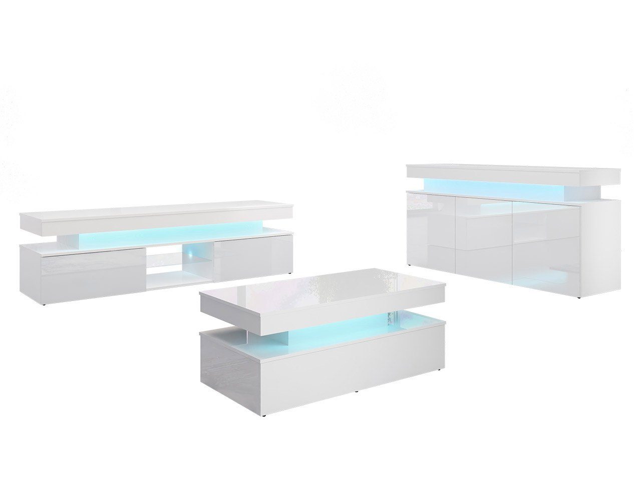 Mirjan24 Wohnzimmer-Set Glossa I, (3er-Set, Kommode, TV-Lowboard, Couchtisch), mit blauer LED-Beleuchtung