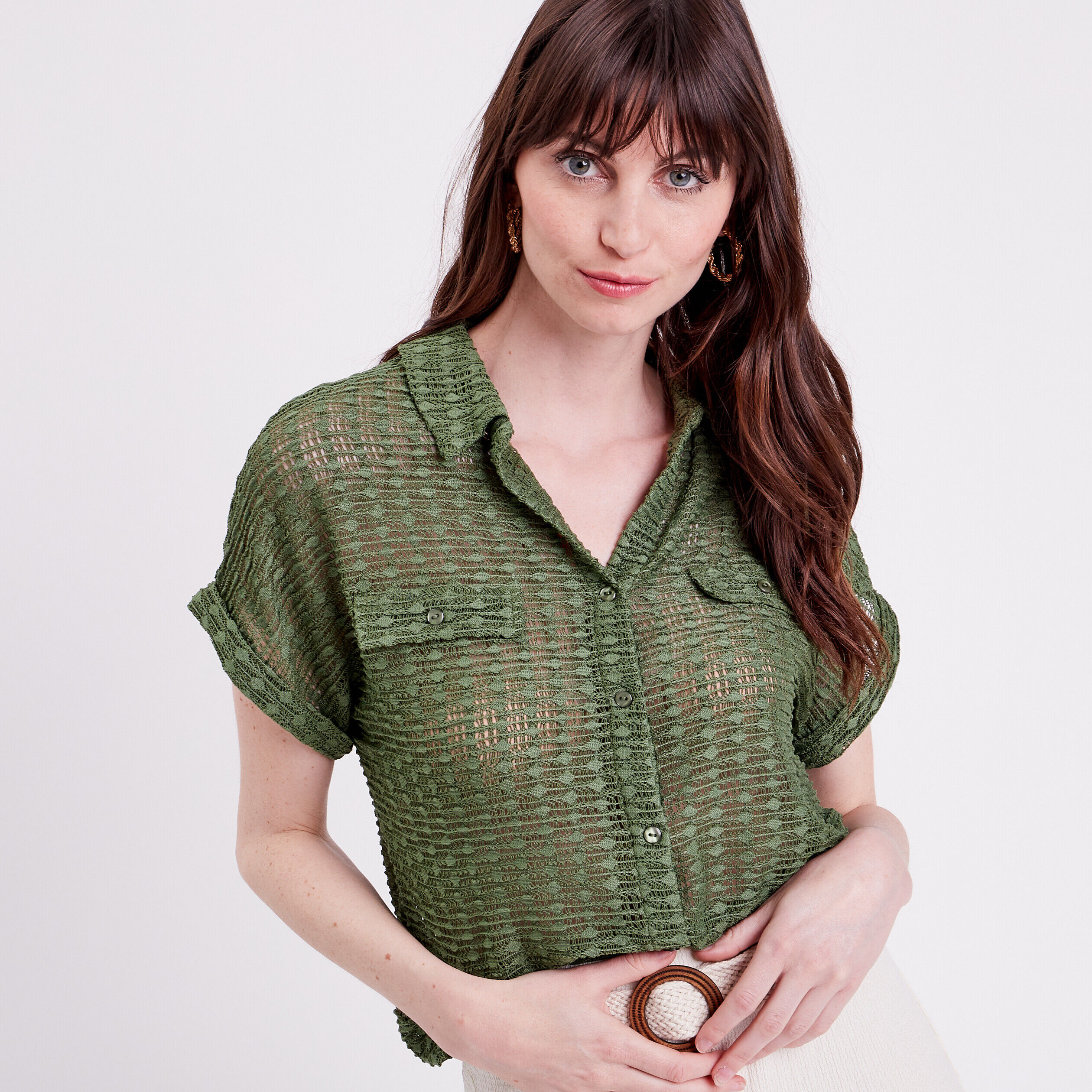 Blouse manches courtes ajourée vert foncé femme | Cache Cache