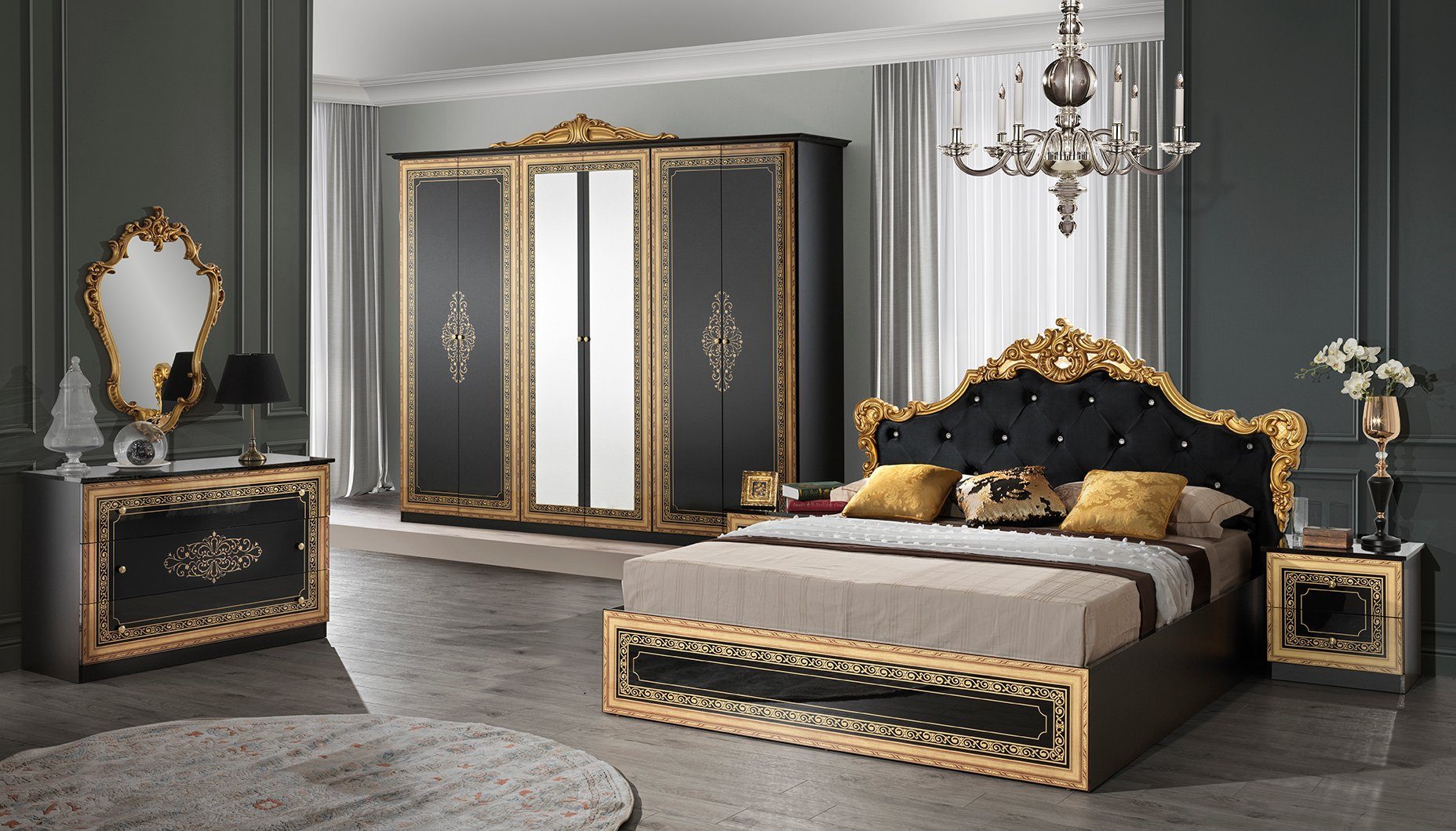 Interdesign24 Schlafzimmer-Set Giulia, (6-teilig, im klassischen Barock Stil), in Schwarz/Gold Hochglanz