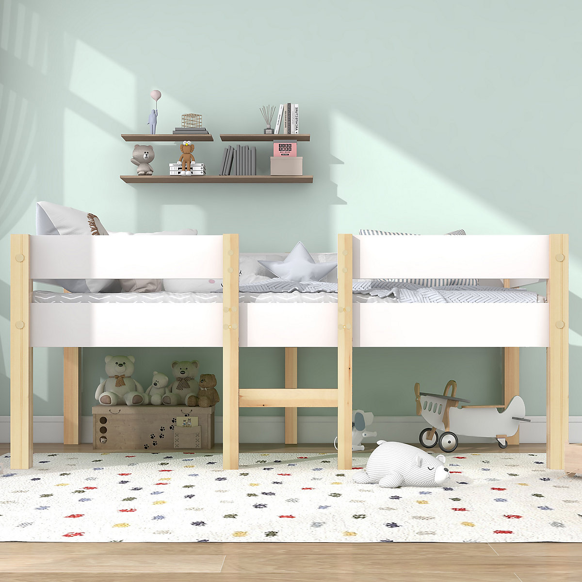 Etagenbett mit Rausfallschutz, Kinderbett aus massivholz, Einzelbett 90x190cm