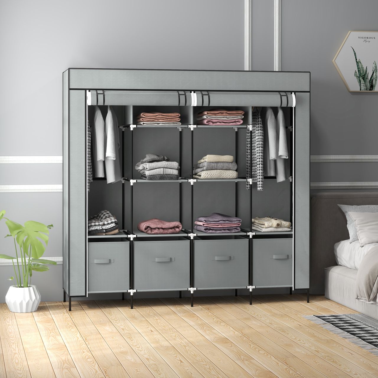 HOMCOM Stoffschrank Kleiderschrank mit Kleiderstange, 10 Fächern, 4 Schubladen