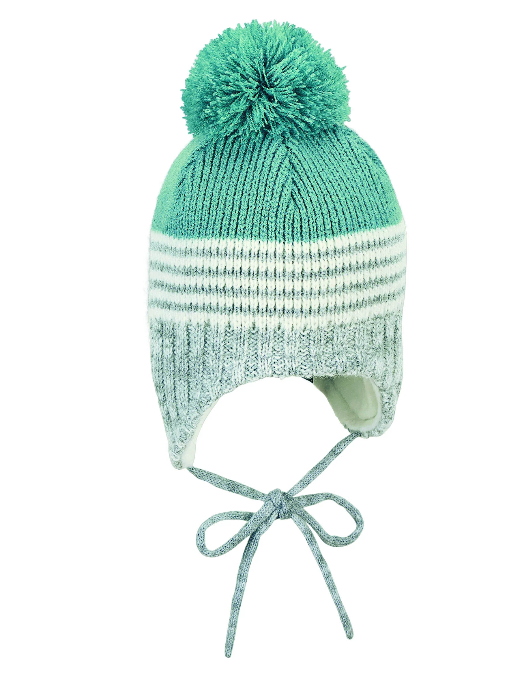 Strickmütze im Mustermix mit Bommel und Bindeband