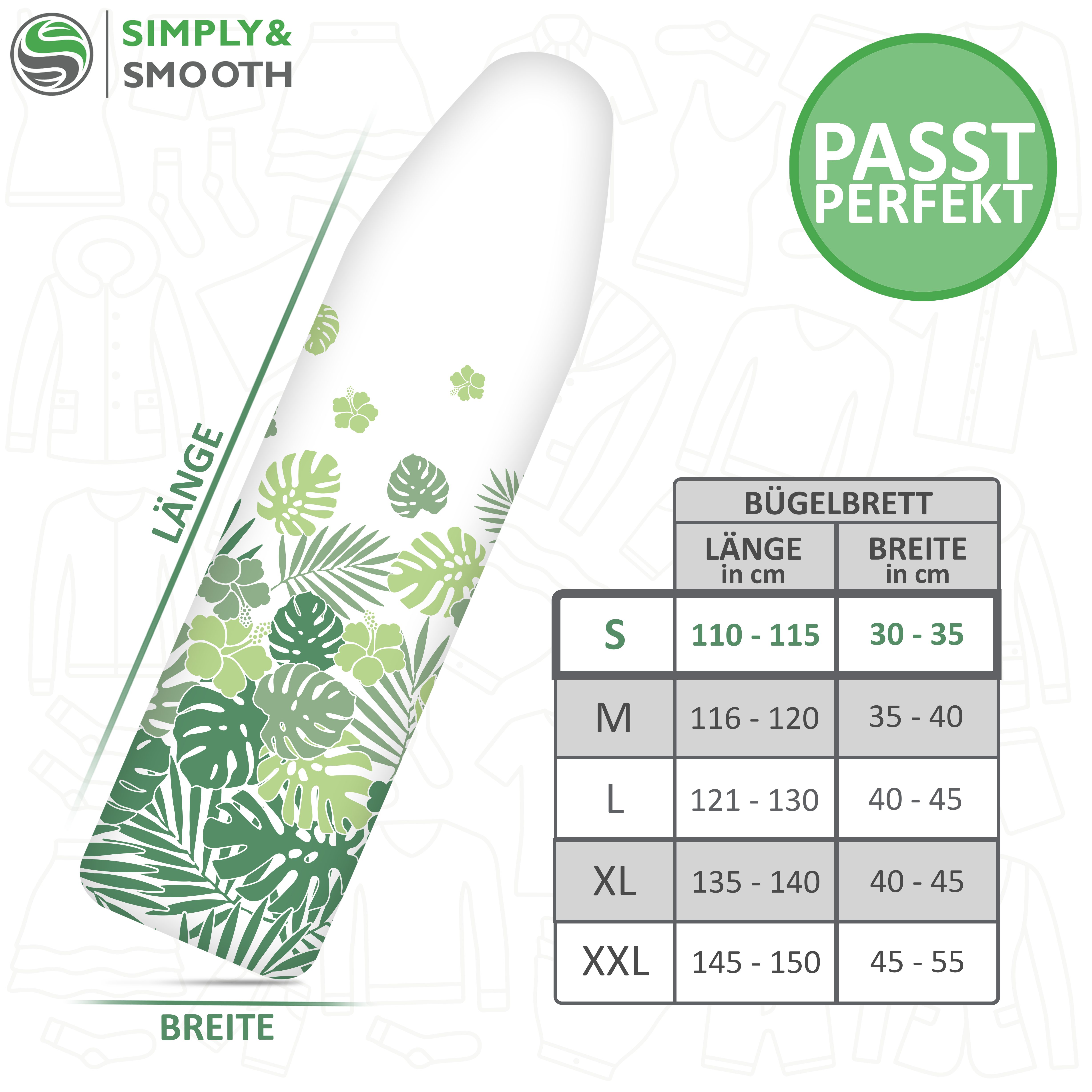 SimplySmooth Bügelbrettbezug in 6 Varianten -, Zubehör für alle Bügelbretter bis 130x45cm, mit Park- und Turbozone, Gummizug, Spannern, Kordeldreher, Schutztuch