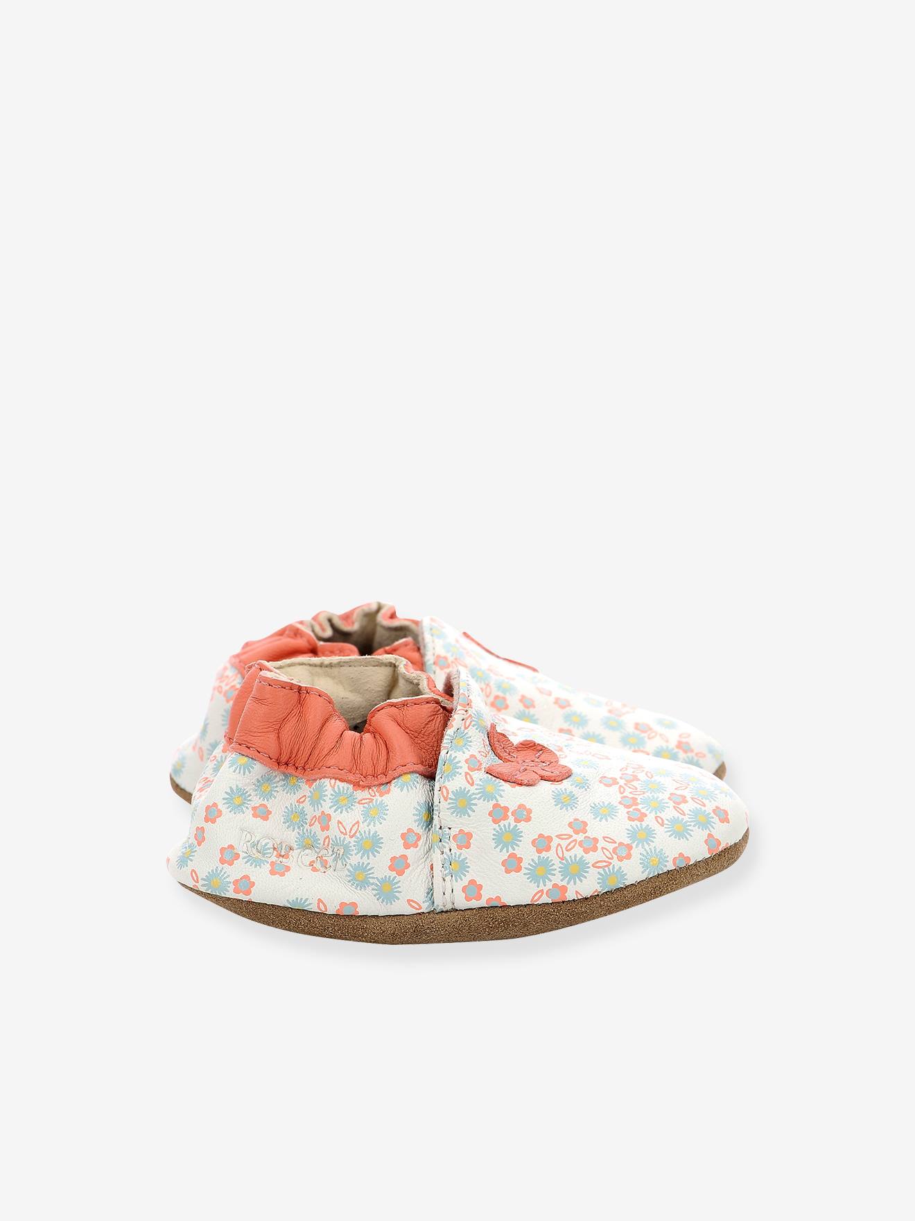 Chaussons cuir souple bébé Daisy Summer ROBEEZ© blanc imprimé
