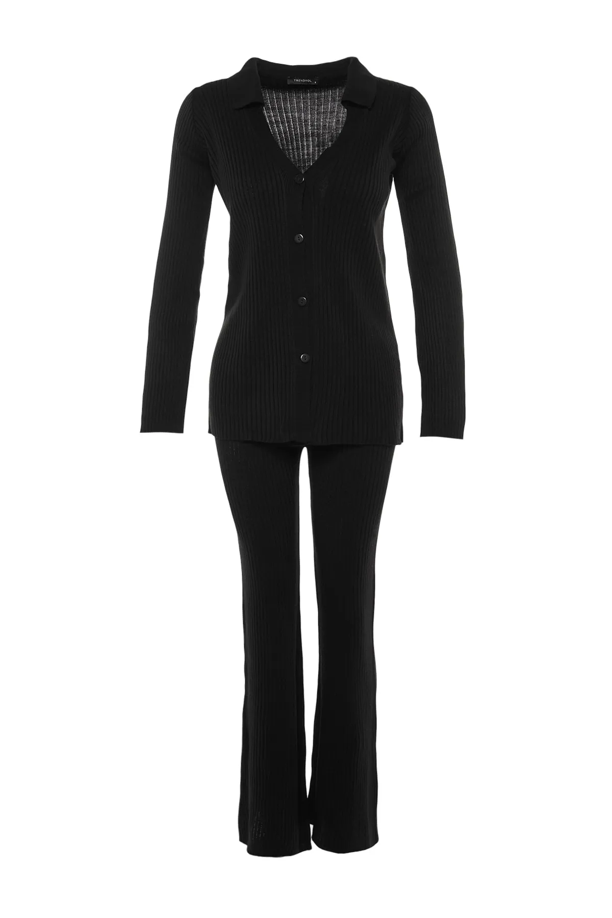 Trendyol Collection  Schwarzes Basic-Set aus Strickoberteil und -unterteil mit Polokragen TWOAW23AU00007