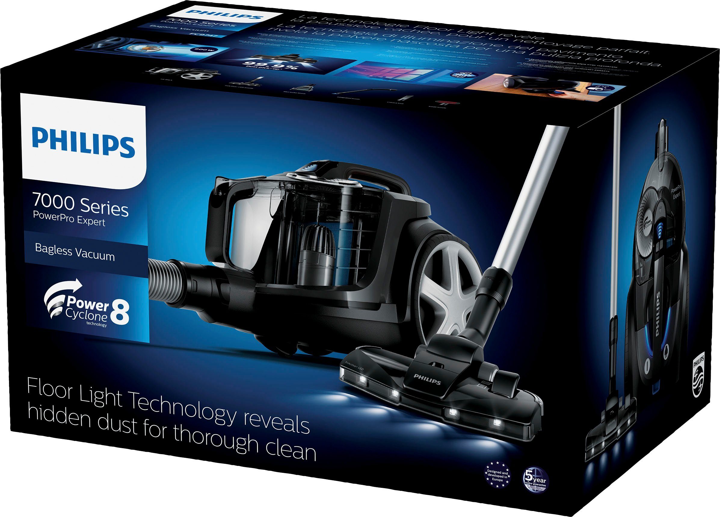 Philips Bodenstaubsauger FC9747/09, 900 W, beutellos, mit 2 l Fassungsvermögen und Tri-Active-LED-Düse