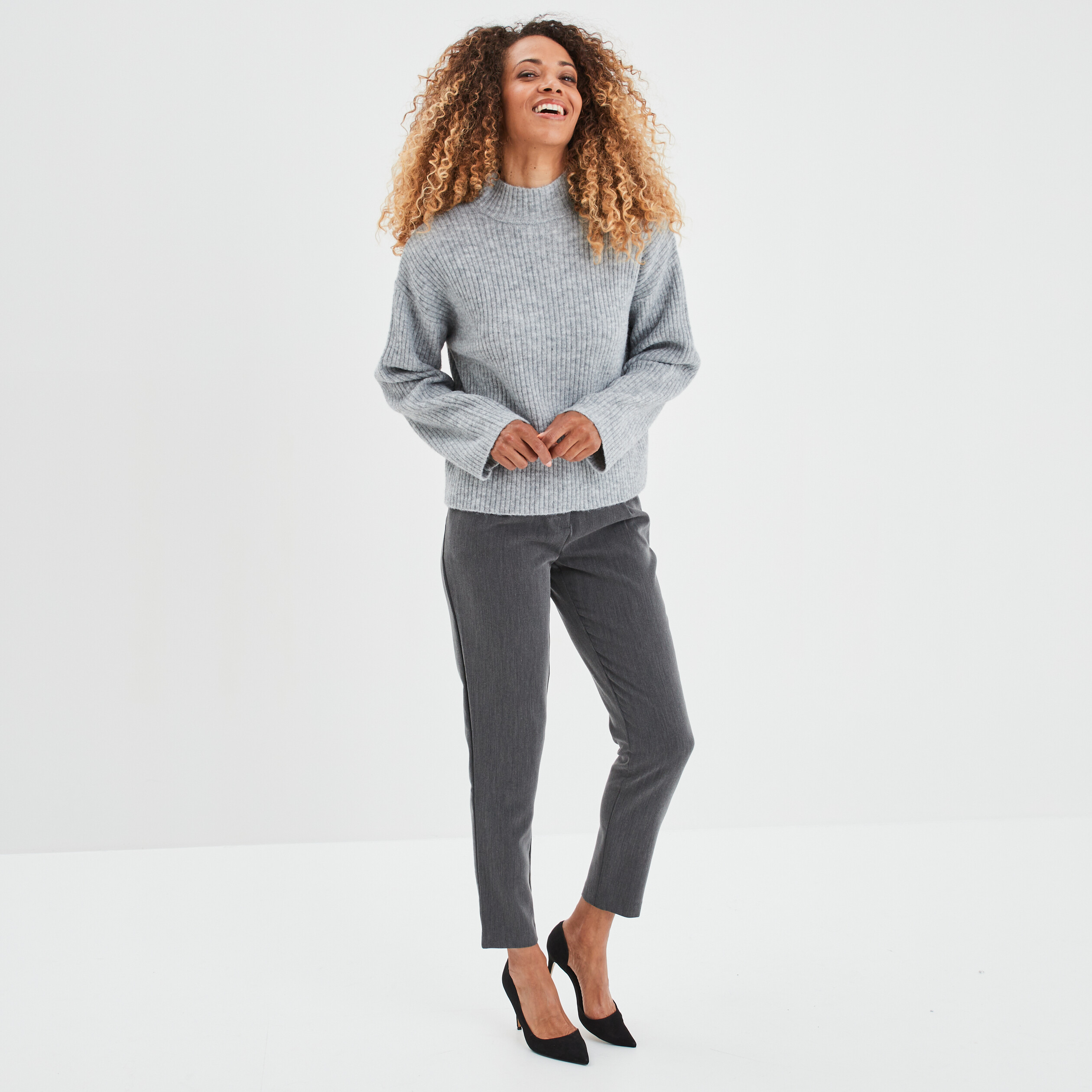 Pull côtelé col montant manches longues gris clair femme | La Halle