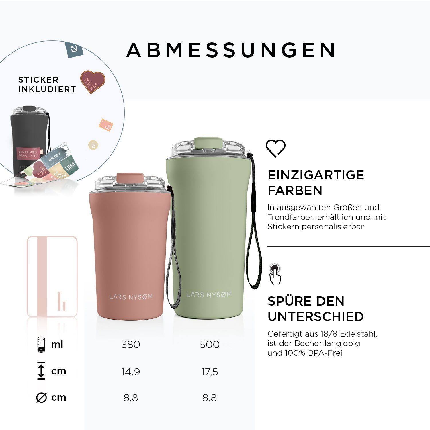 LARS NYSØM Thermobecher Rørelse, 18/8 Edelstahl, Auslaufsicherer Travel-Mug für Kaffee und Tee unterwegs 380ml 500ml