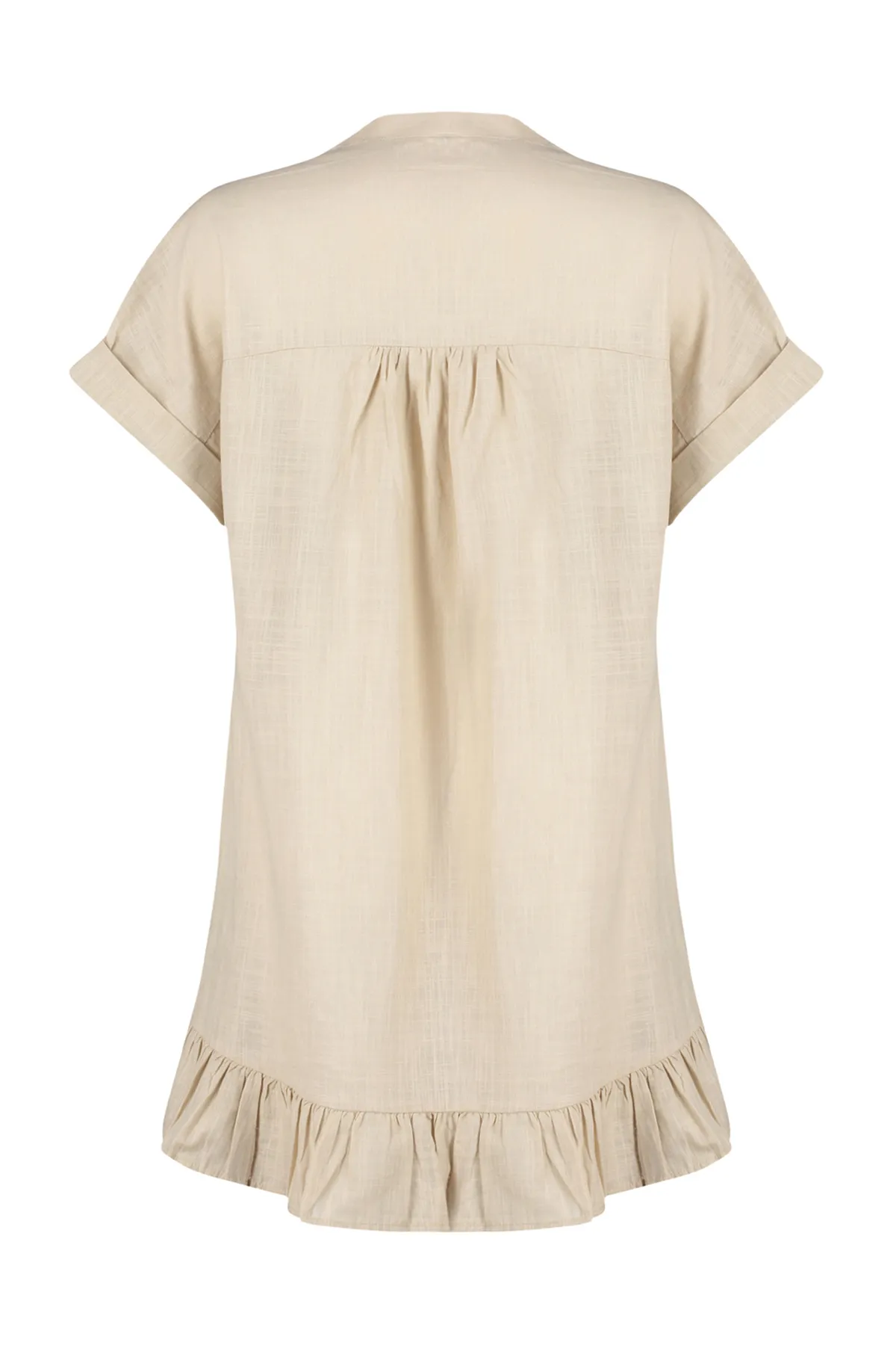 Trendyol Collection  Beigefarbenes, weit geschnittenes Mini-Strandkleid mit gewebten Rüschen TBESS24EL00113