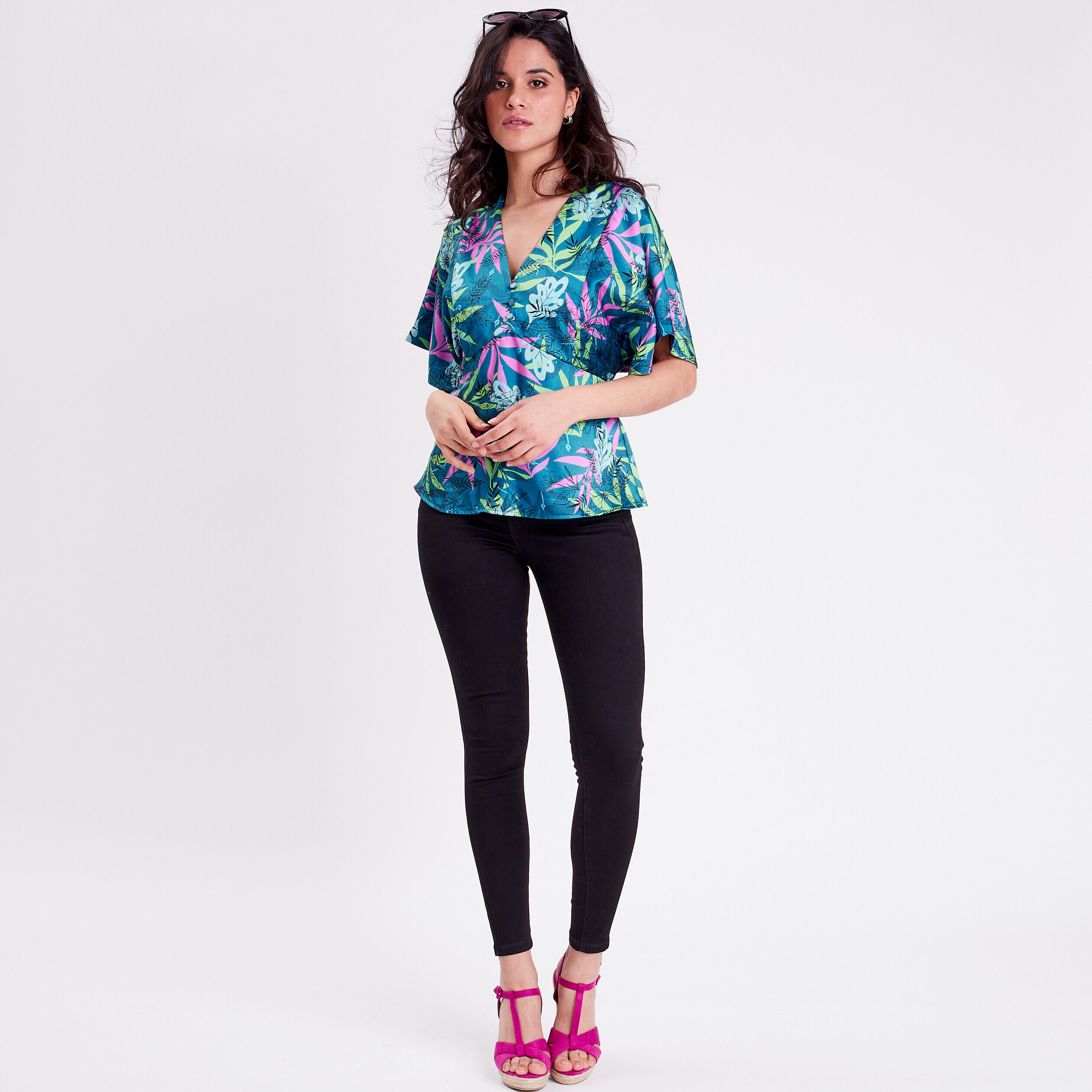 Blouse évasée manches 3/4 bleu femme | Cache Cache