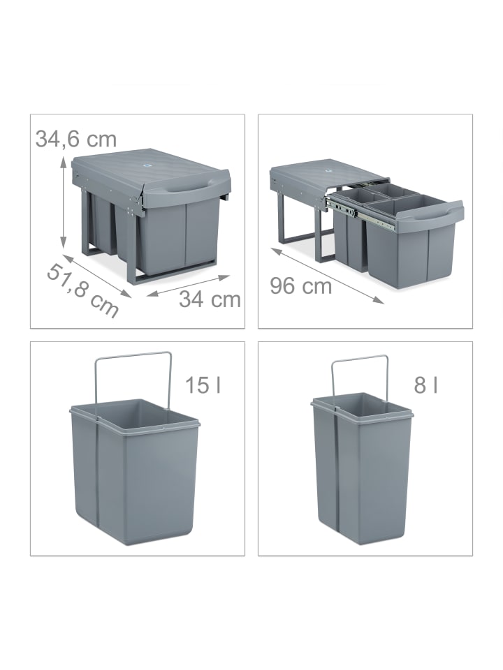 relaxdays Mülltrennsystem Grau Deluxe 1x15L   2x8L günstig kaufen onesize