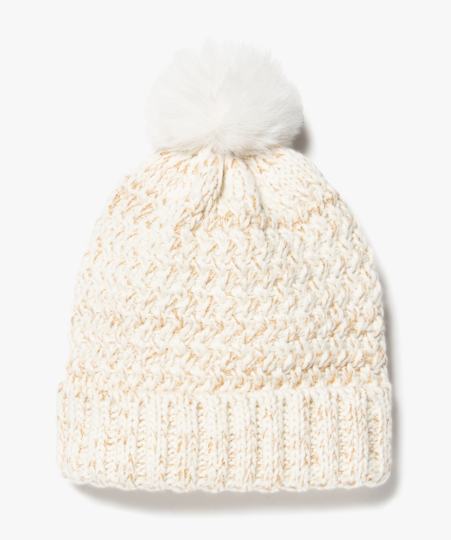 Bonnet fille en grosse maille brillante à pompon peluche beige | GEMO